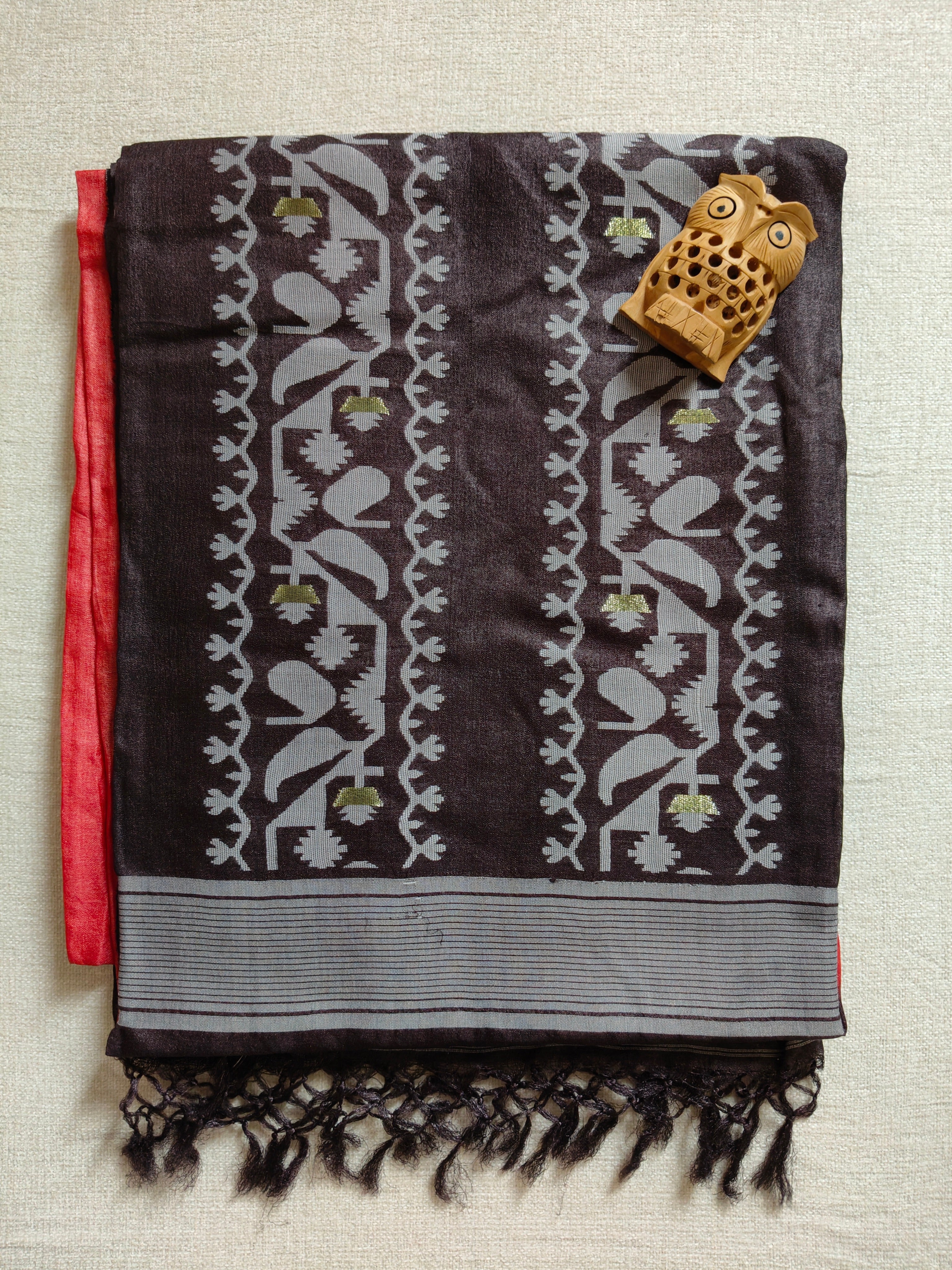 Tussar Jamdani Silk Saree (Tie & Dye) - Coral Red with Charcoal Black Contrast
