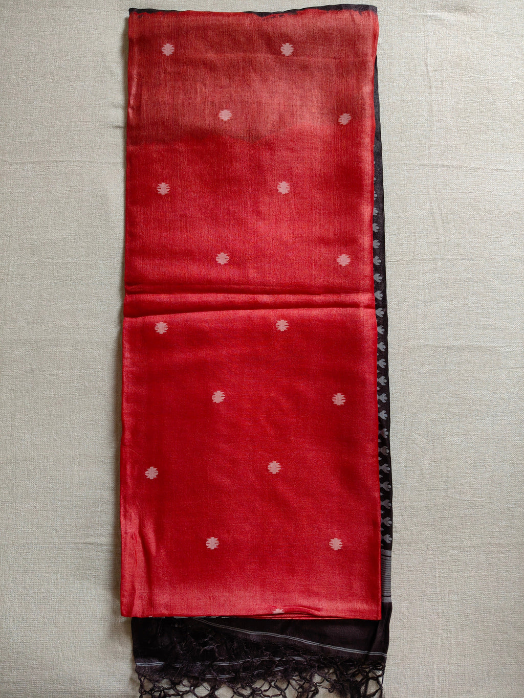 Tussar Jamdani Silk Saree (Tie & Dye) - Coral Red with Charcoal Black Contrast