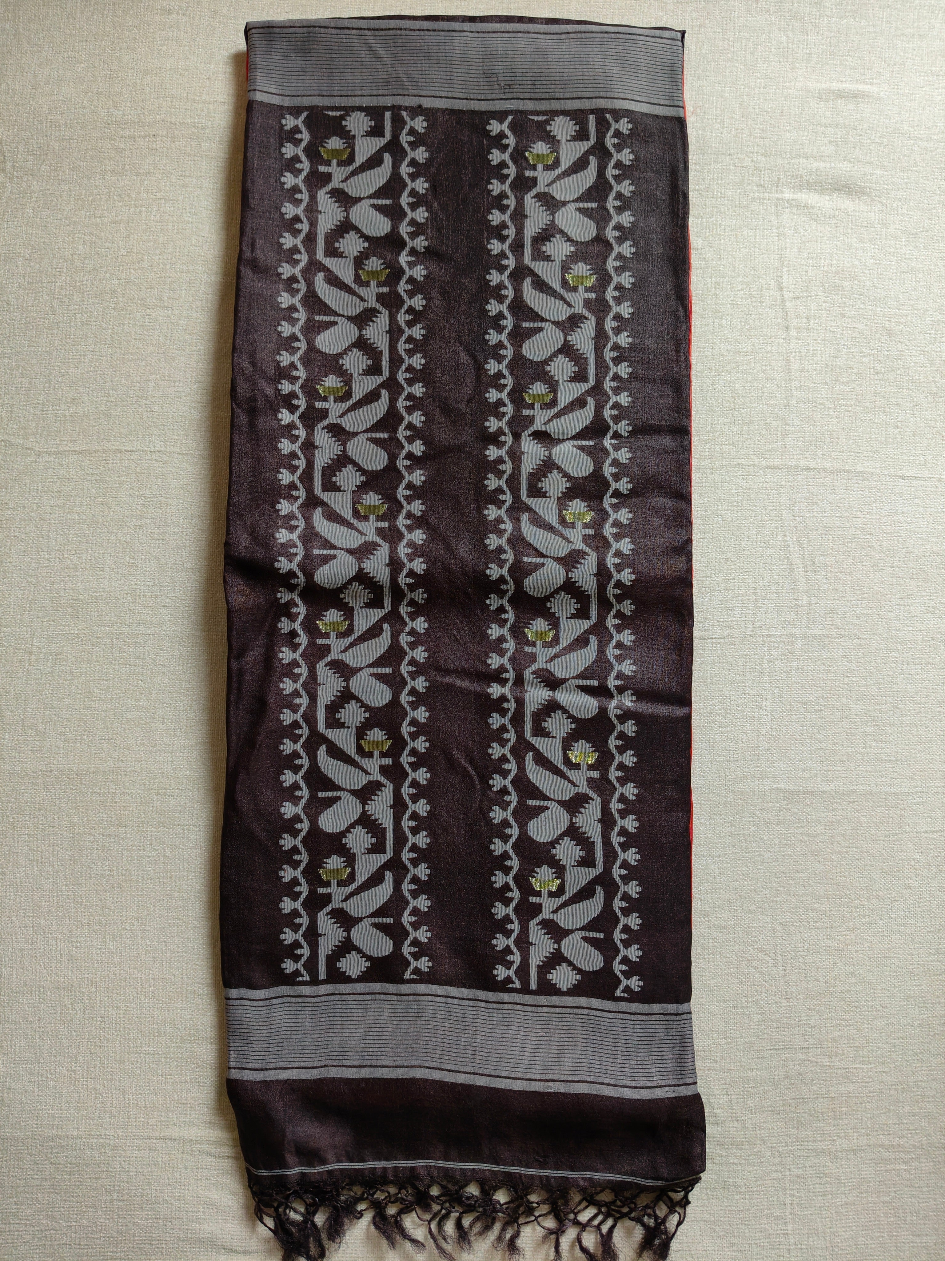 Tussar Jamdani Silk Saree (Tie & Dye) - Coral Red with Charcoal Black Contrast