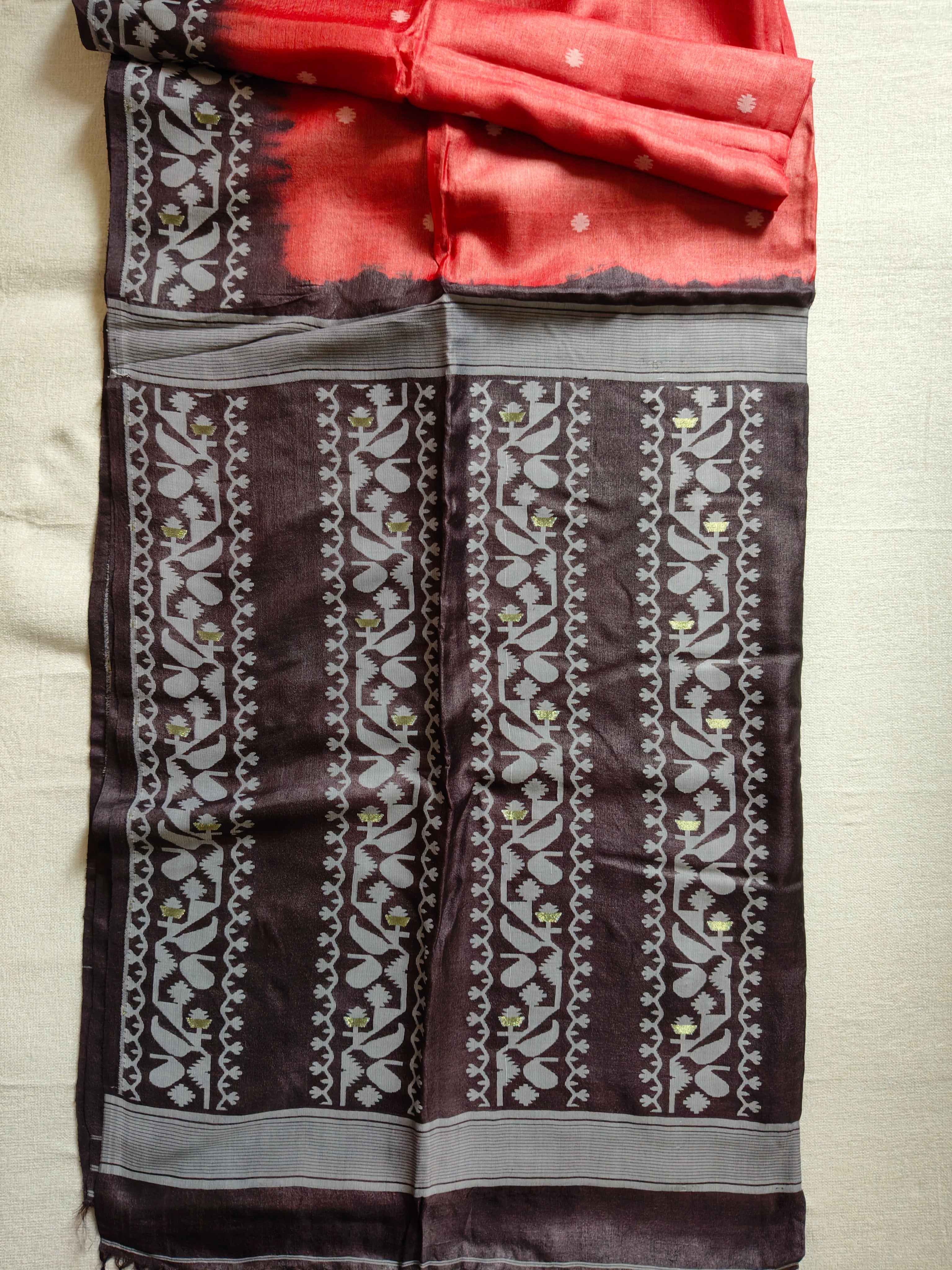 Tussar Jamdani Silk Saree (Tie & Dye) - Coral Red with Charcoal Black Contrast