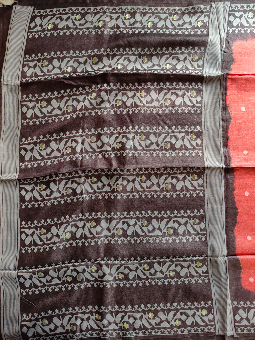 Tussar Jamdani Silk Saree (Tie & Dye) - Coral Red with Charcoal Black Contrast