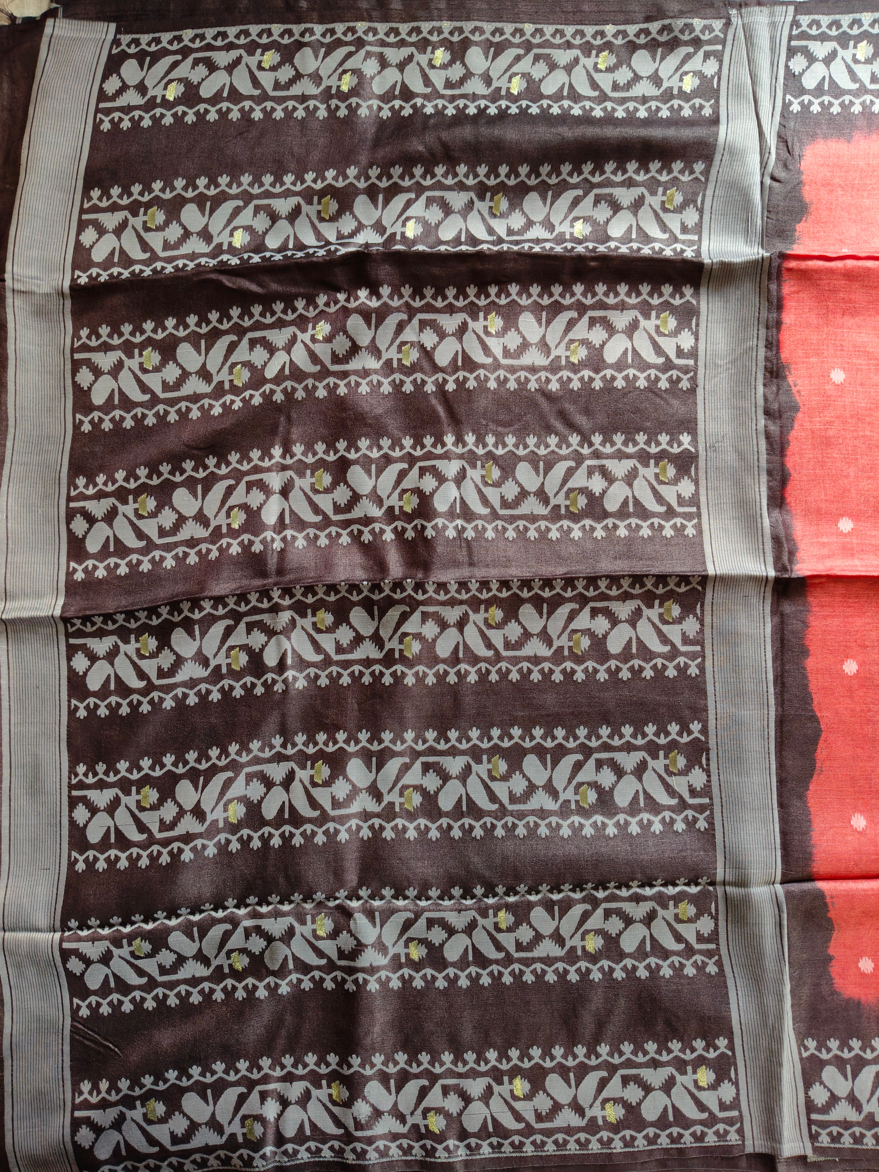 Tussar Jamdani Silk Saree (Tie & Dye) - Coral Red with Charcoal Black Contrast