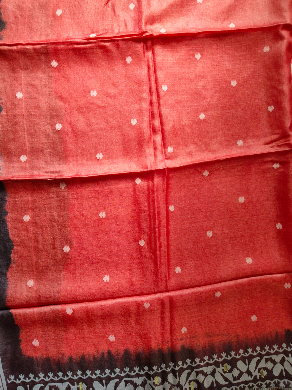 Tussar Jamdani Silk Saree (Tie & Dye) - Coral Red with Charcoal Black Contrast