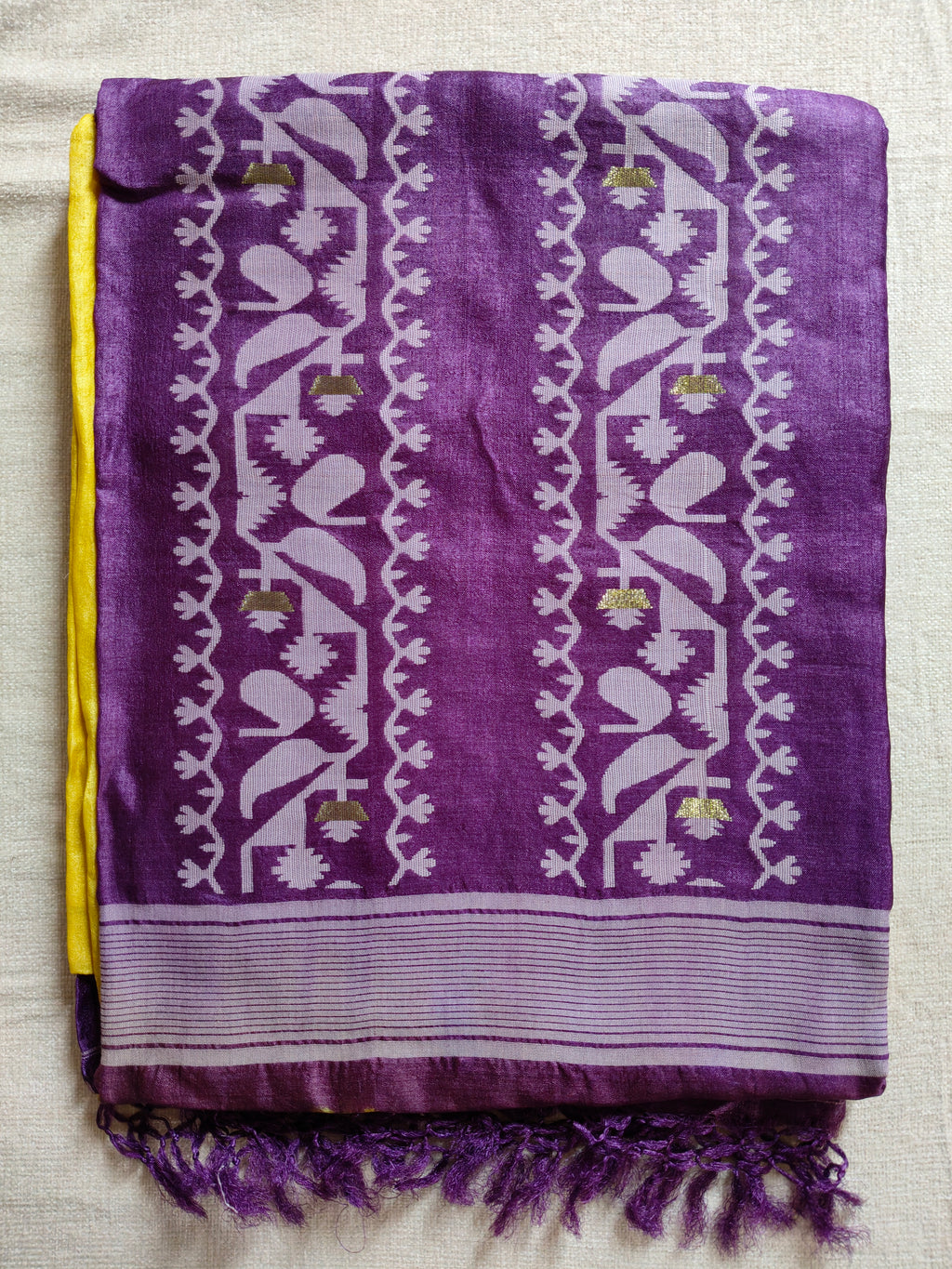 Tussar Jamdani Silk Saree (Tie & Dye) - Sunshine Yellow with Royal Purple Contrast