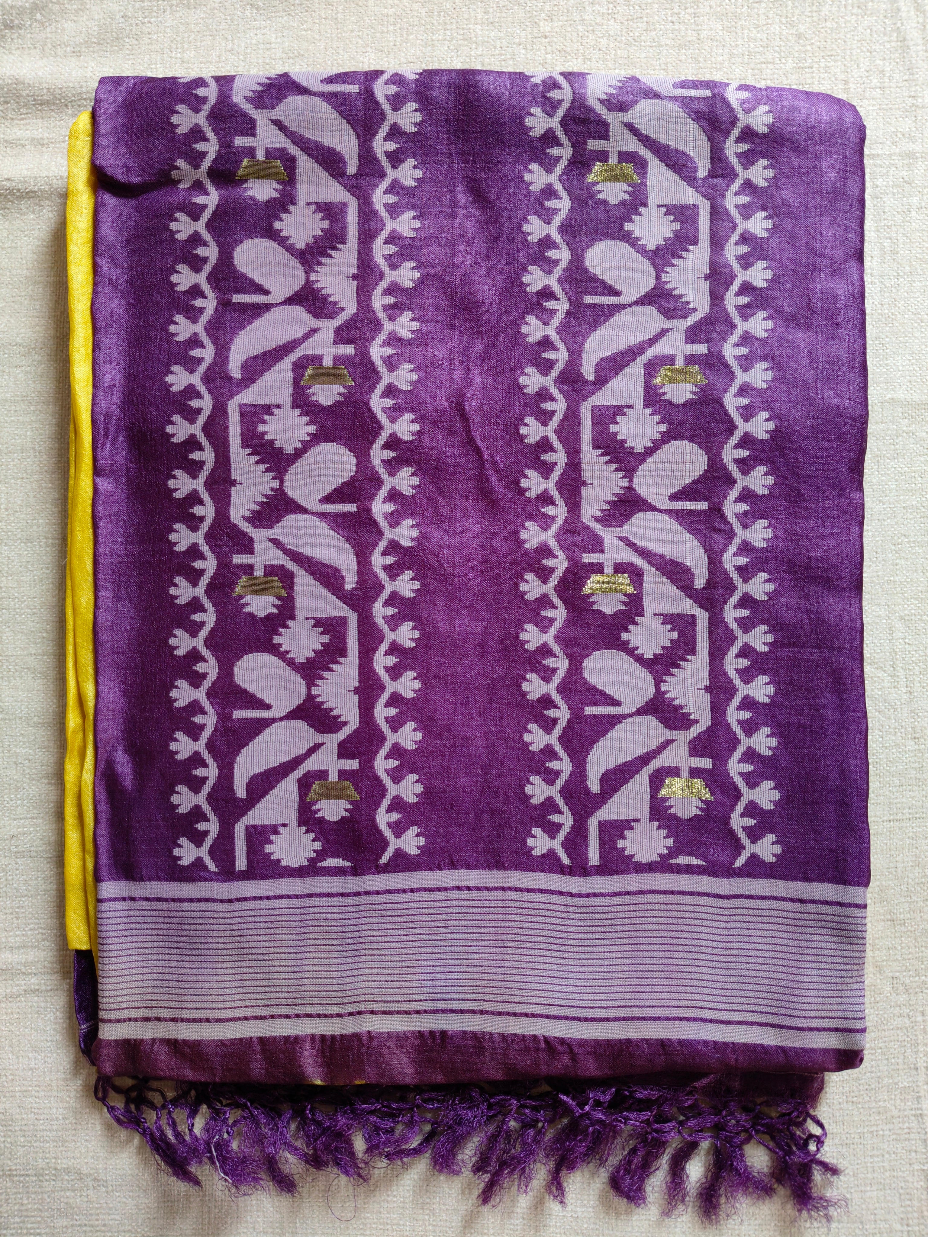 Tussar Jamdani Silk Saree (Tie & Dye) - Sunshine Yellow with Royal Purple Contrast