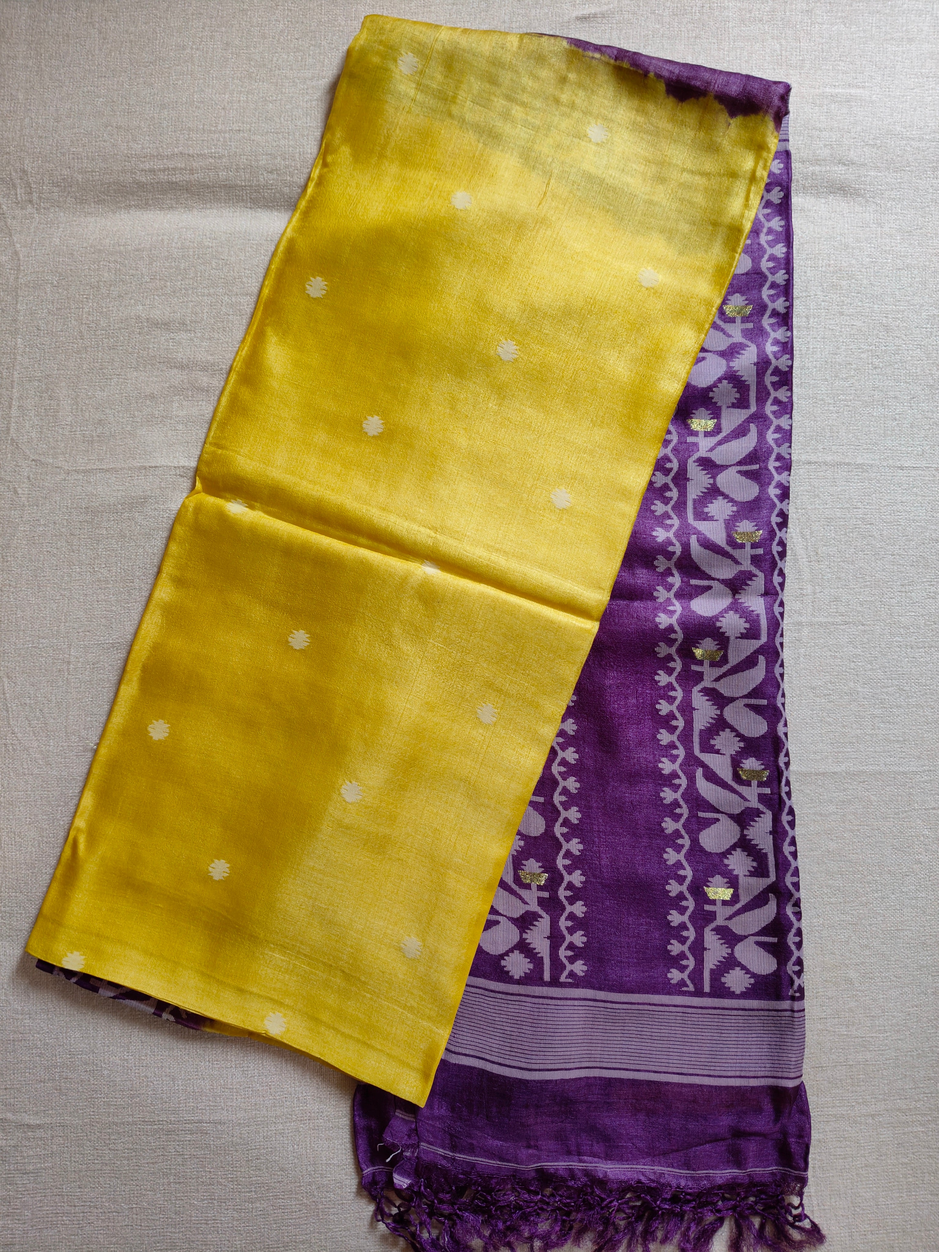 Tussar Jamdani Silk Saree (Tie & Dye) - Sunshine Yellow with Royal Purple Contrast