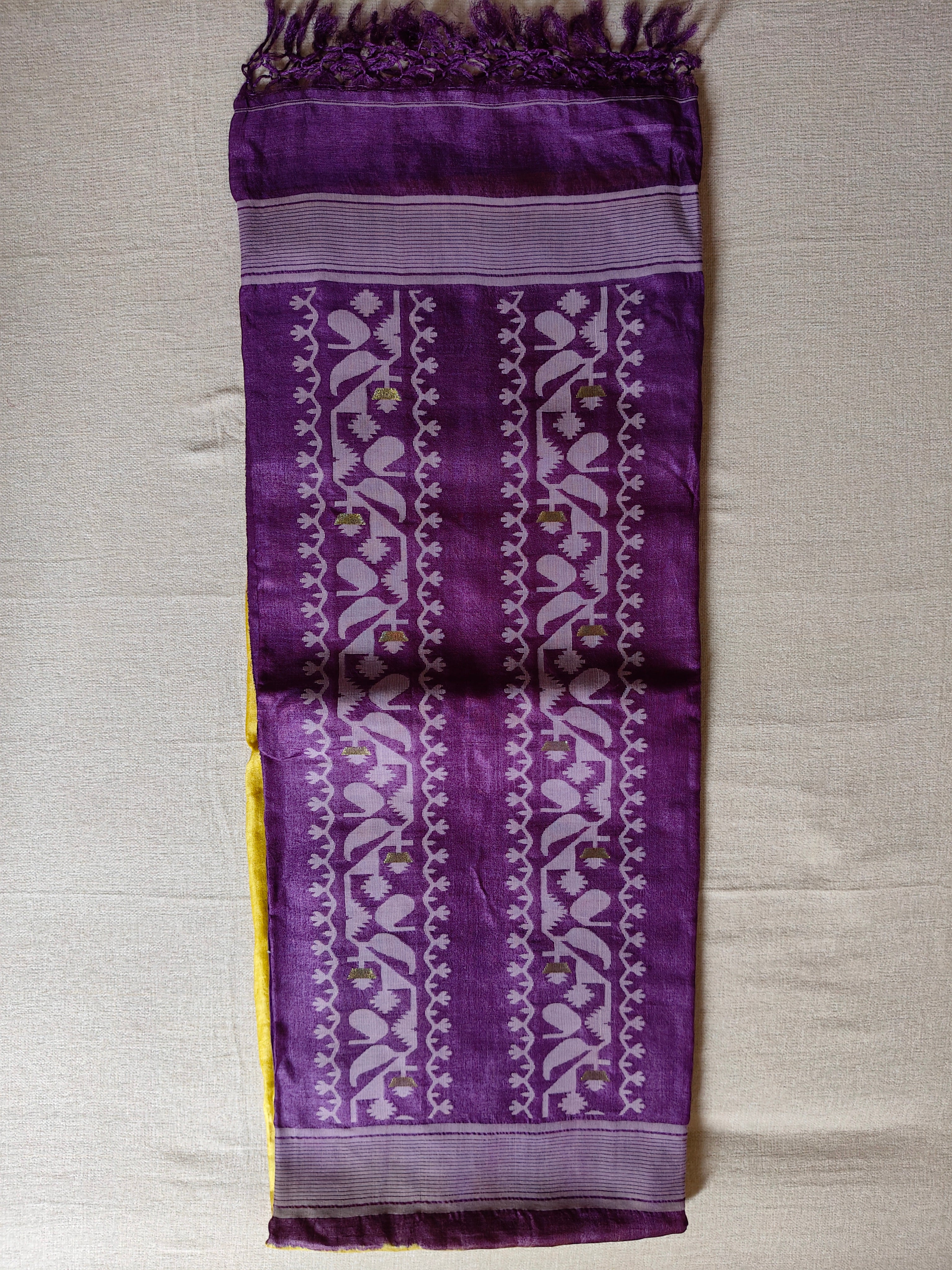 Tussar Jamdani Silk Saree (Tie & Dye) - Sunshine Yellow with Royal Purple Contrast