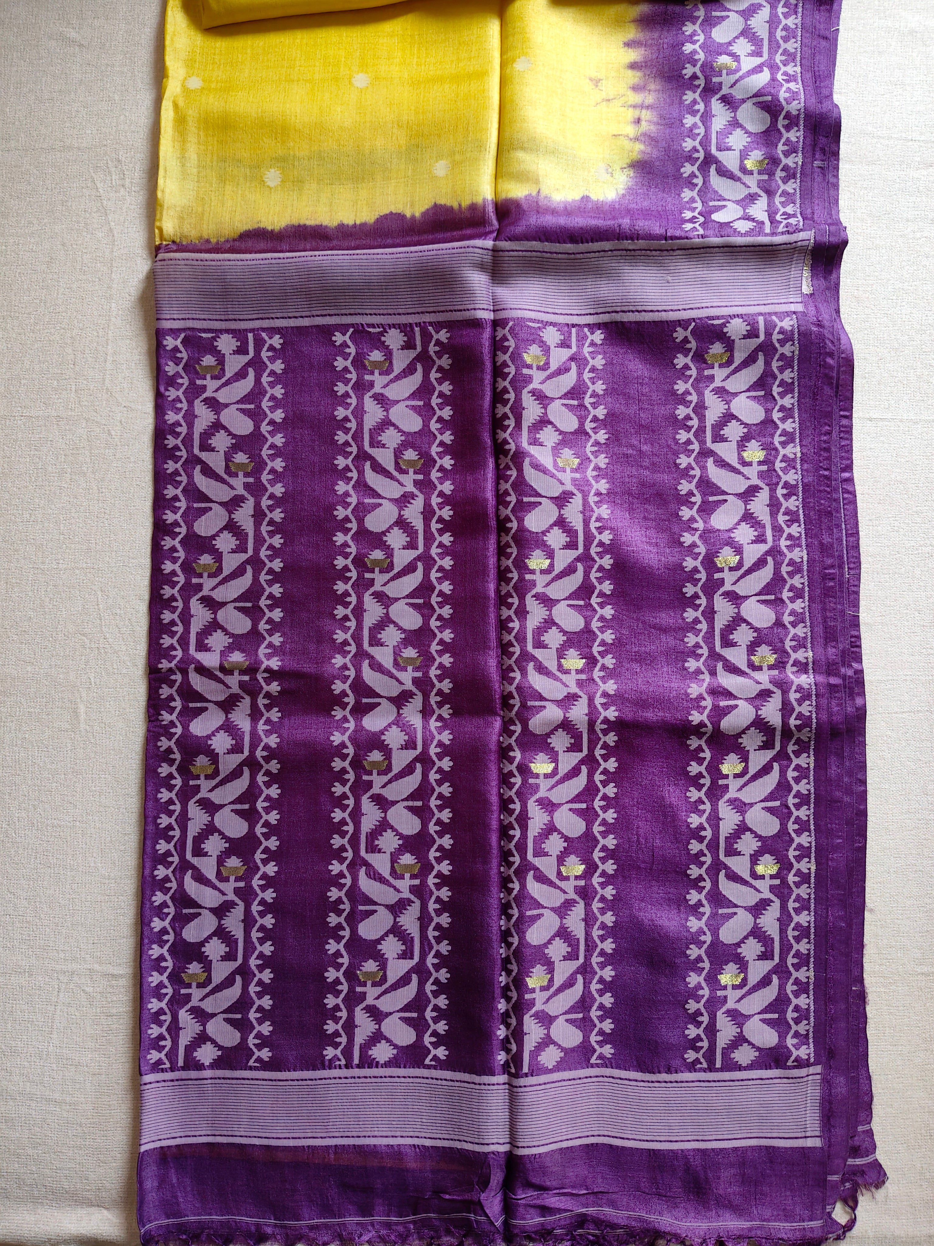 Tussar Jamdani Silk Saree (Tie & Dye) - Sunshine Yellow with Royal Purple Contrast