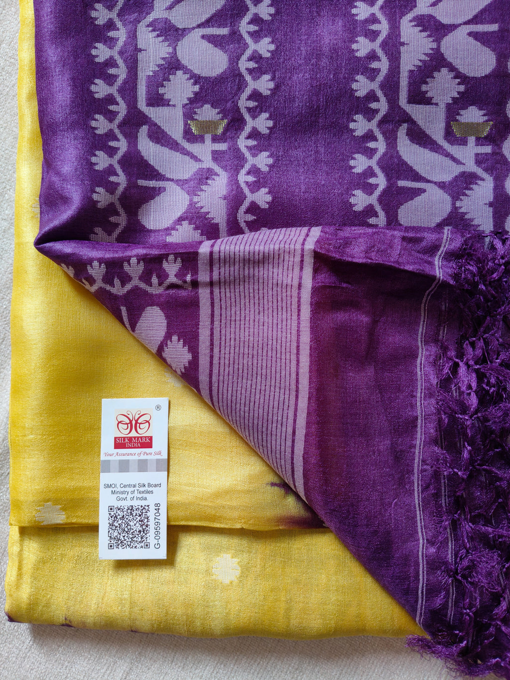Tussar Jamdani Silk Saree (Tie & Dye) - Sunshine Yellow with Royal Purple Contrast