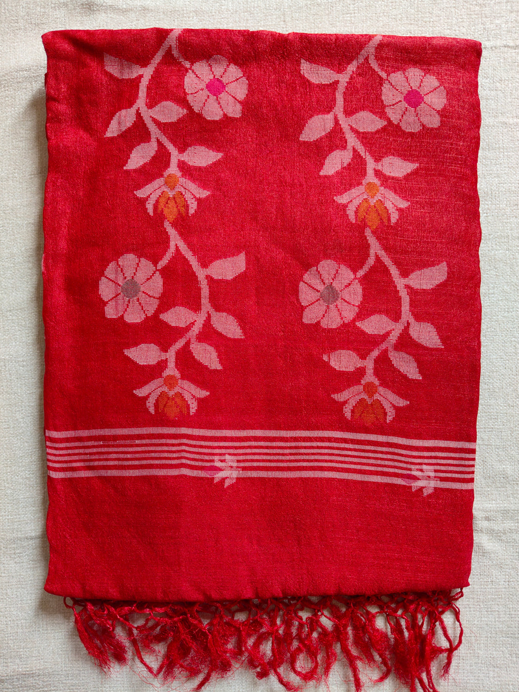 Pure Tussar Jamdani Silk Saree - Crimson Red