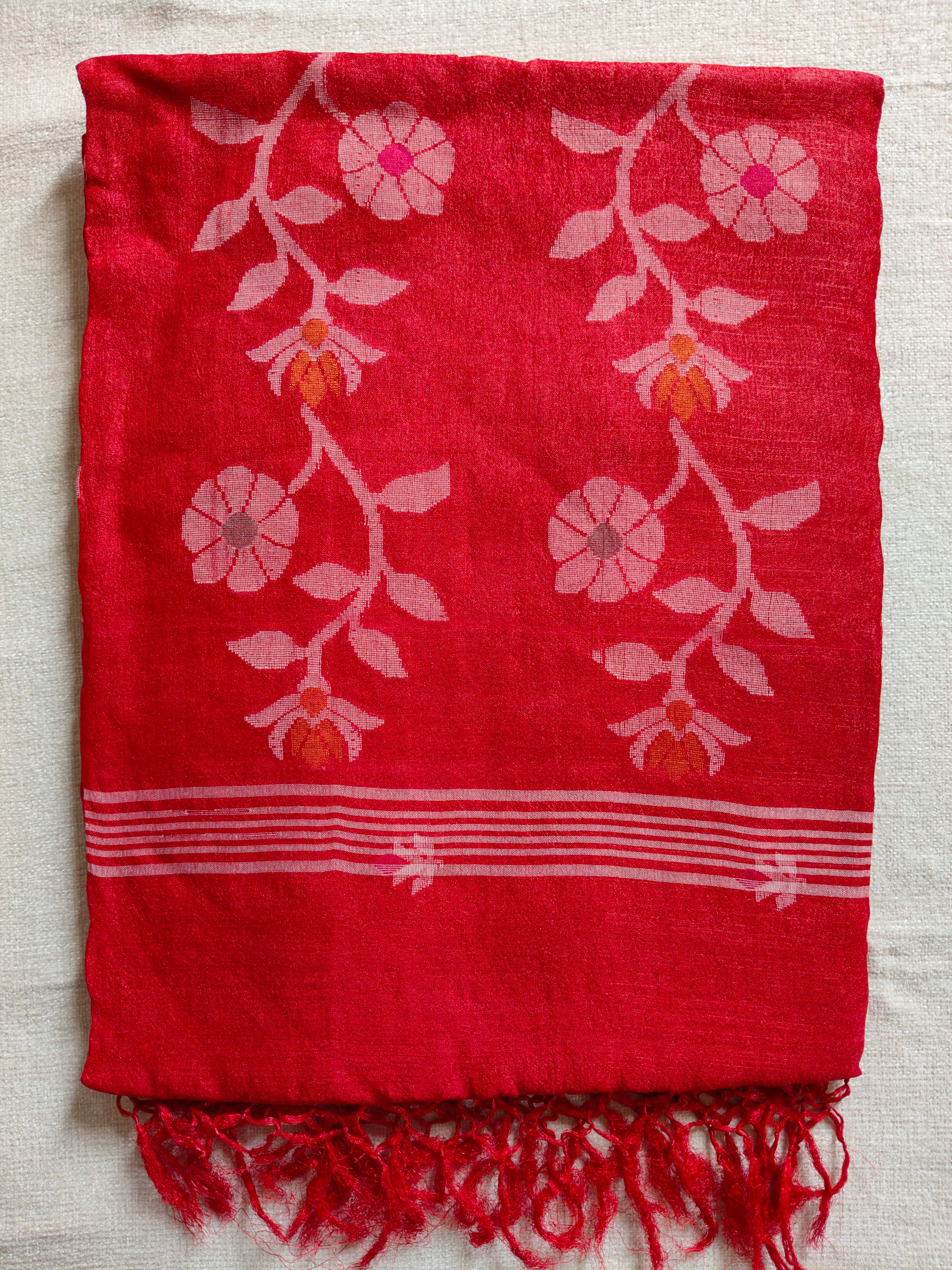 Pure Tussar Jamdani Silk Saree - Crimson Red