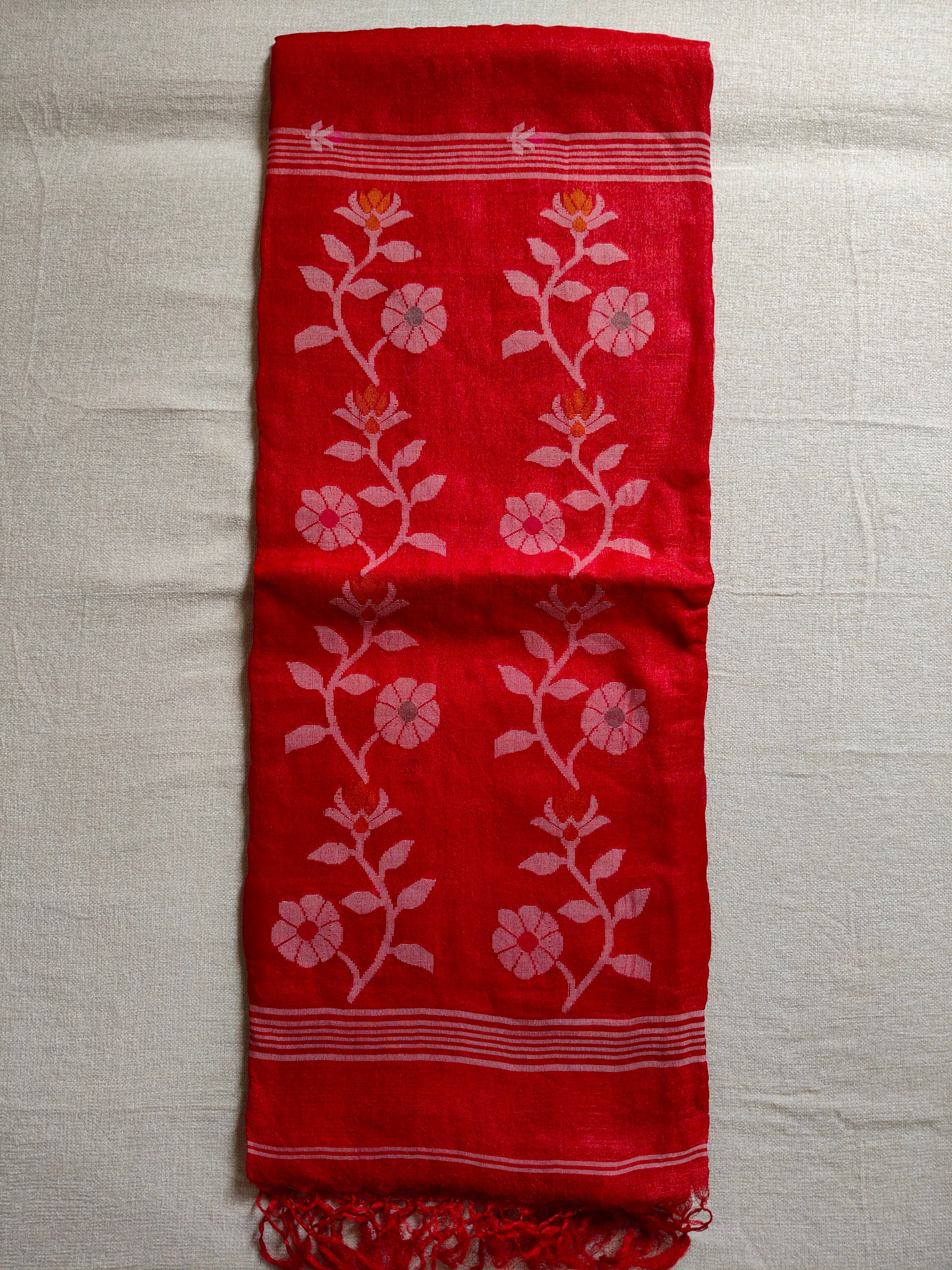 Pure Tussar Jamdani Silk Saree - Crimson Red
