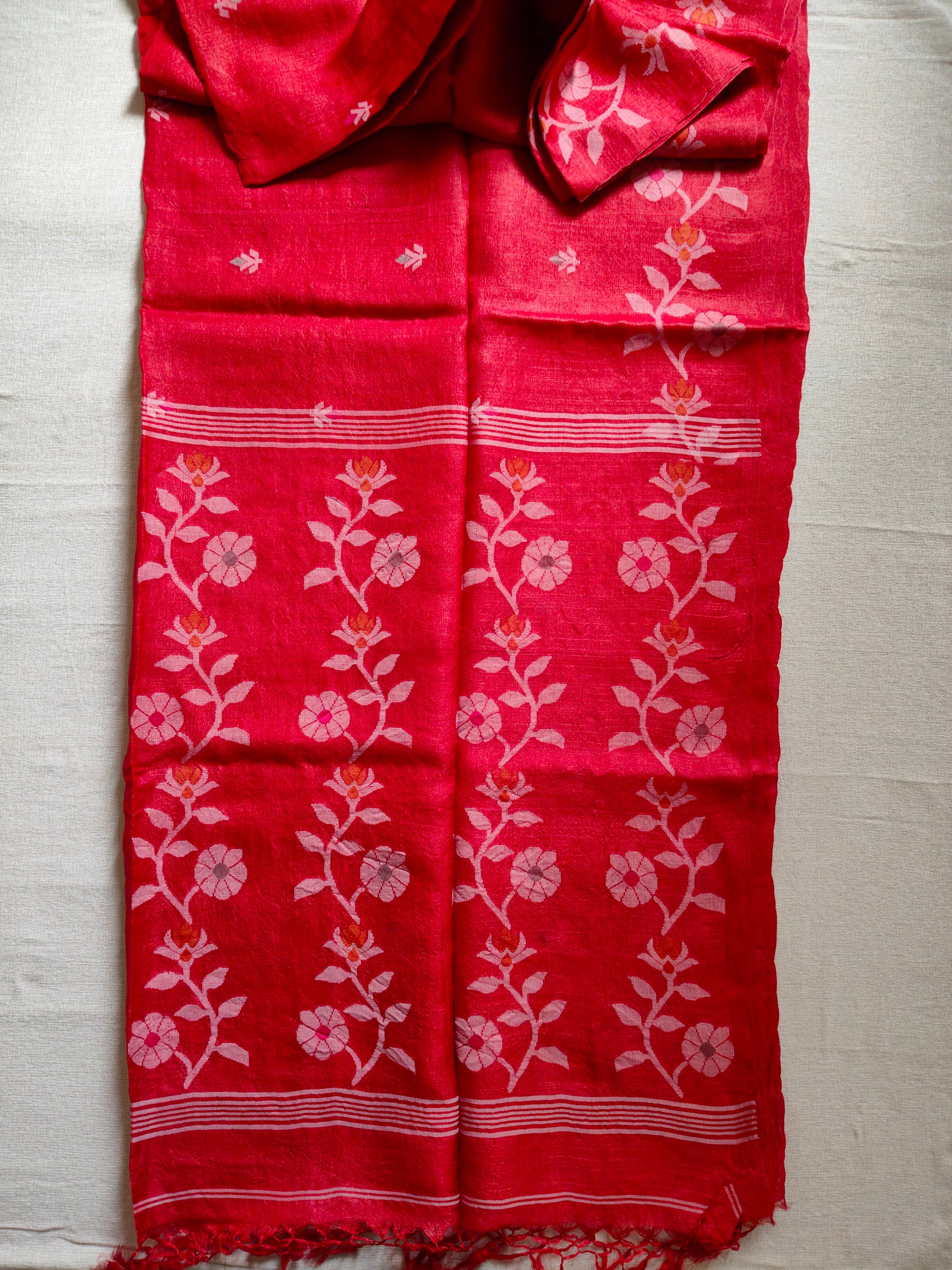 Pure Tussar Jamdani Silk Saree - Crimson Red