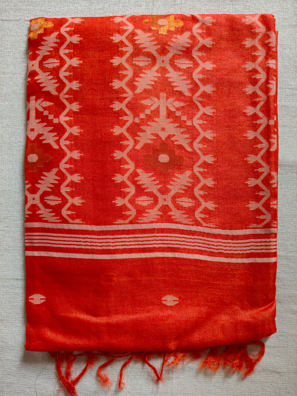 Pure Tussar Jamdani Silk Saree – Vermilion Orange