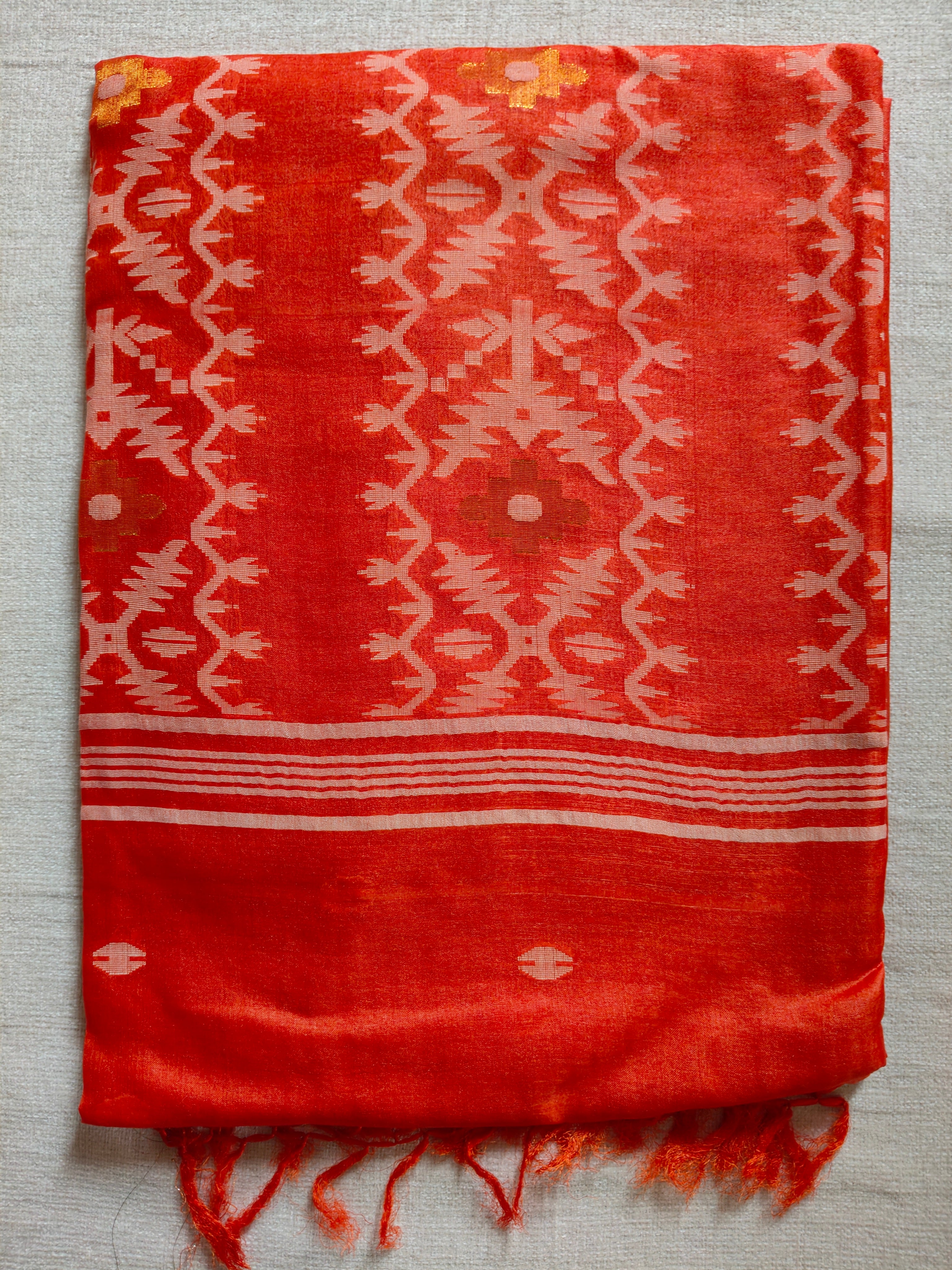 Pure Tussar Jamdani Silk Saree – Vermilion Orange