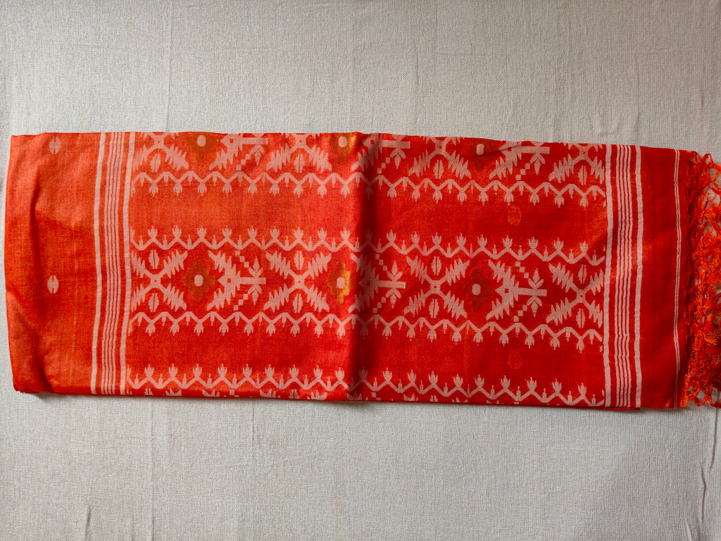 Pure Tussar Jamdani Silk Saree – Vermilion Orange