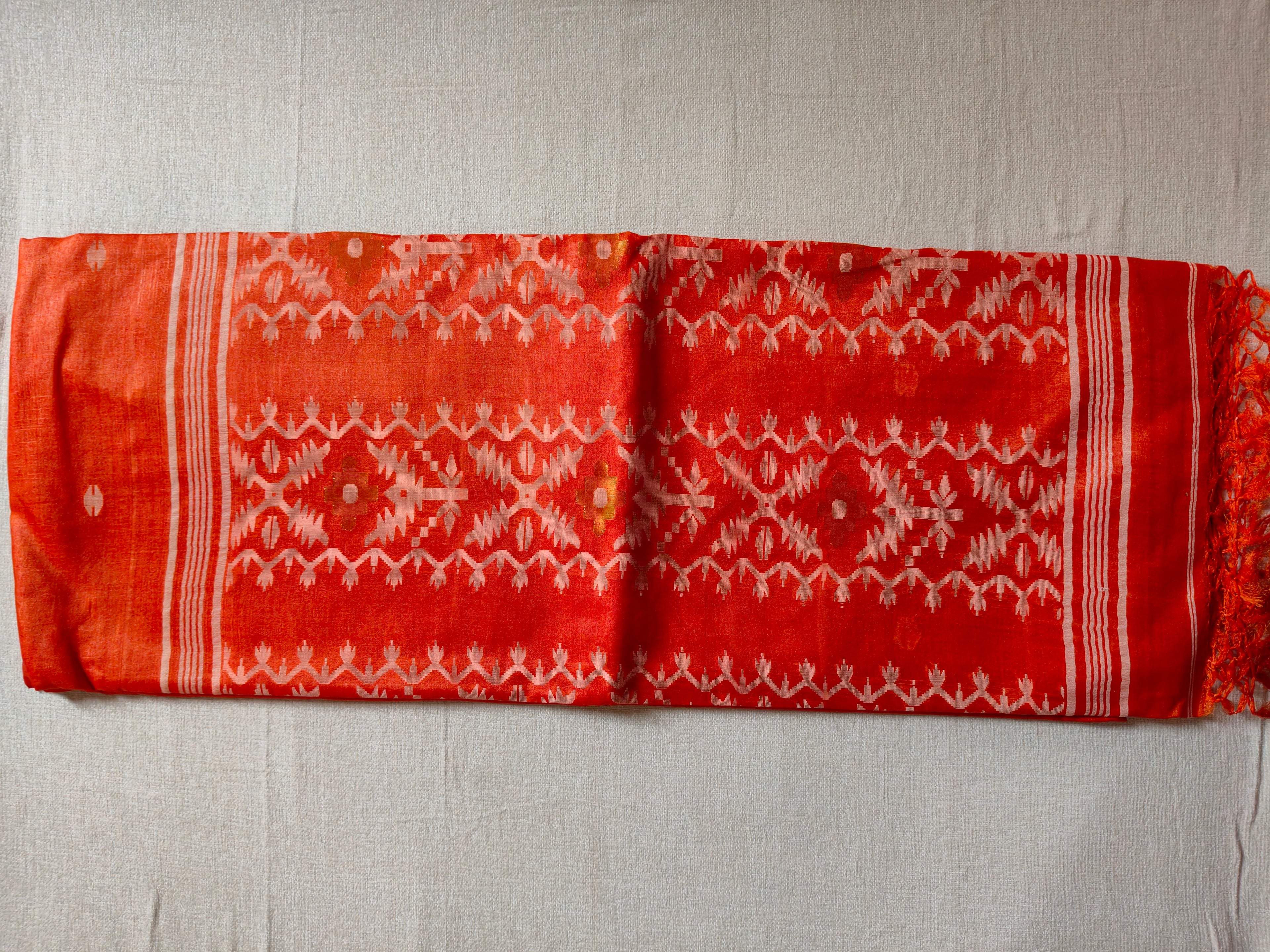 Pure Tussar Jamdani Silk Saree – Vermilion Orange