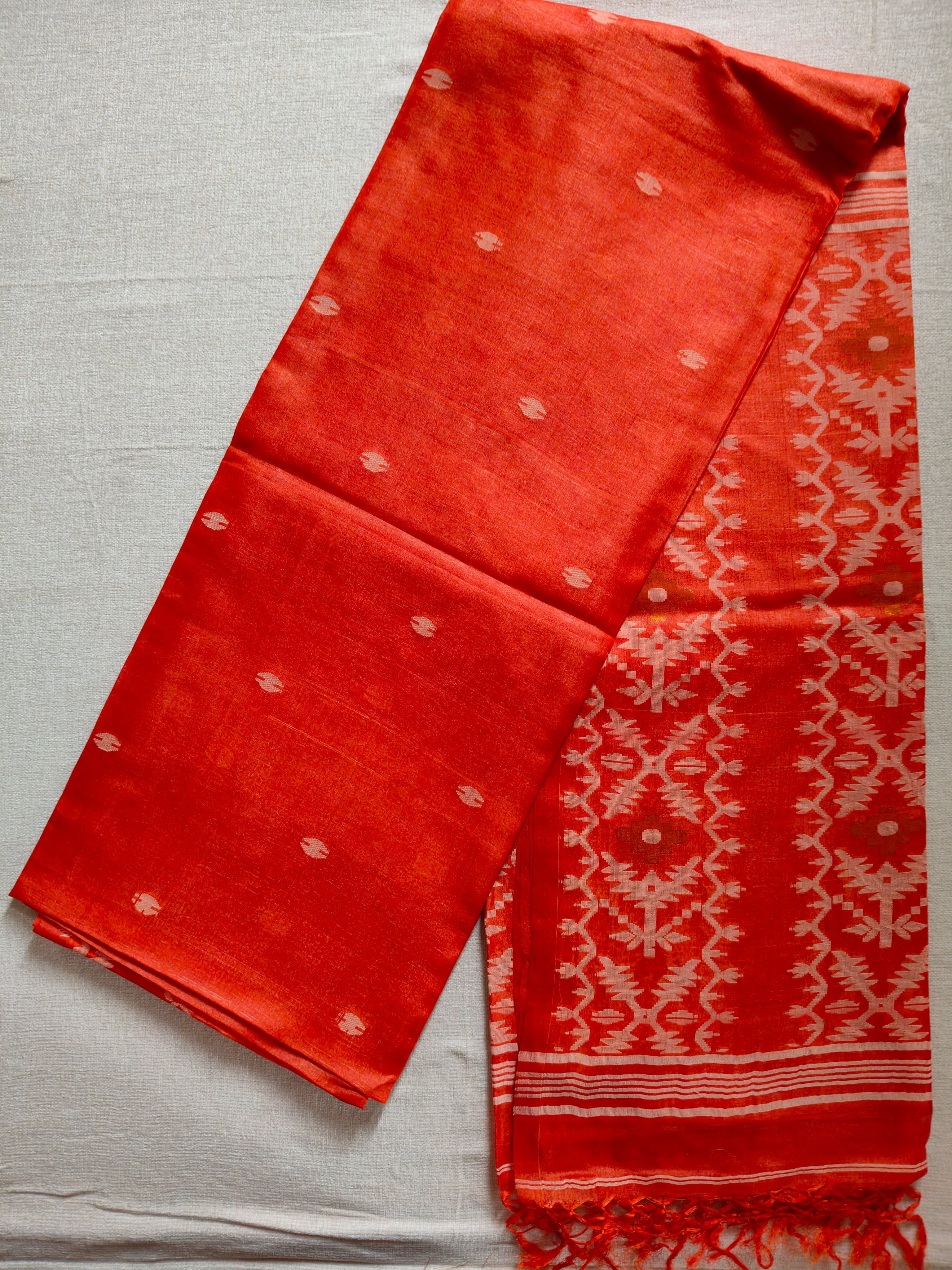 Pure Tussar Jamdani Silk Saree – Vermilion Orange