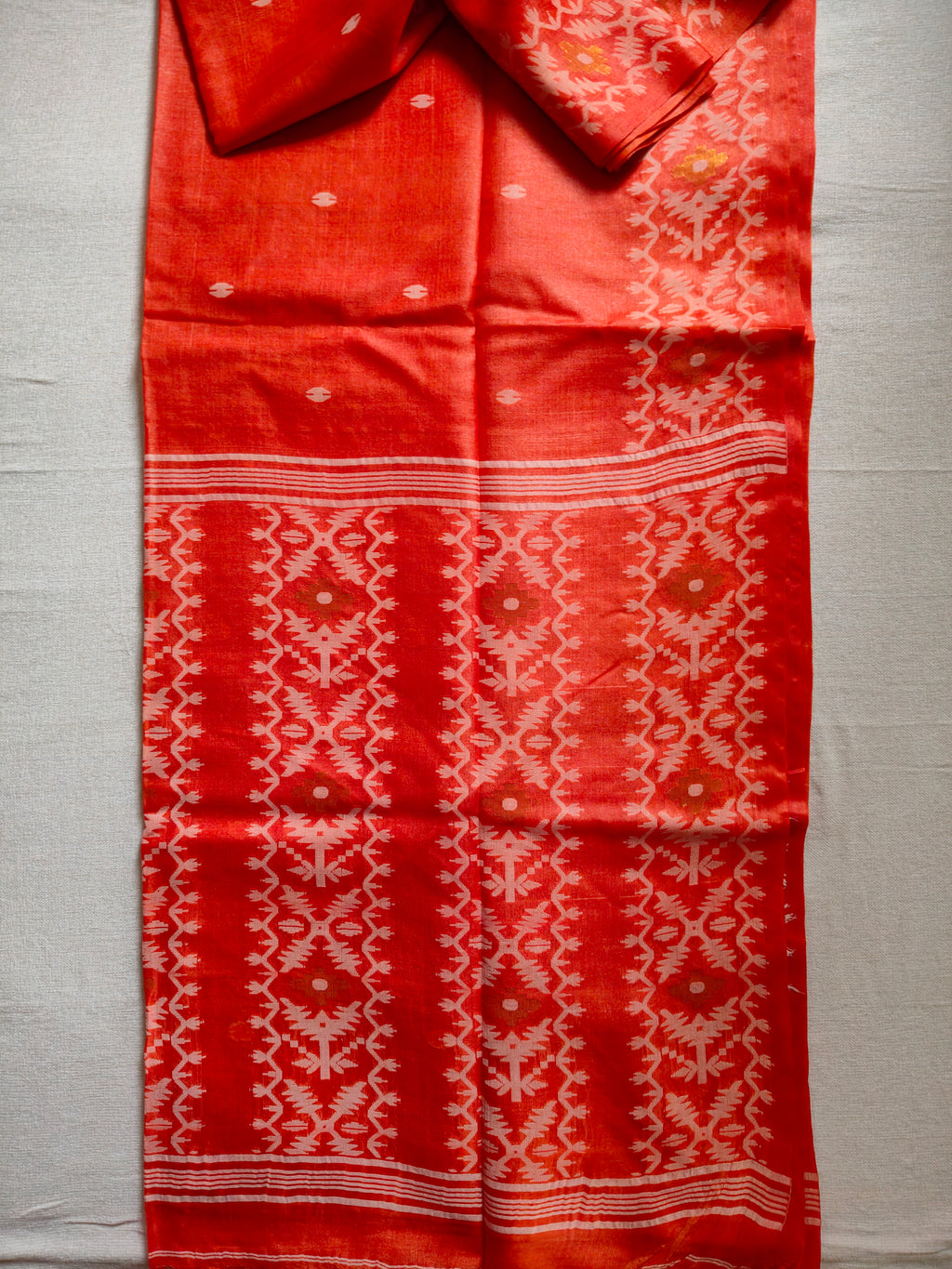 Pure Tussar Jamdani Silk Saree – Vermilion Orange