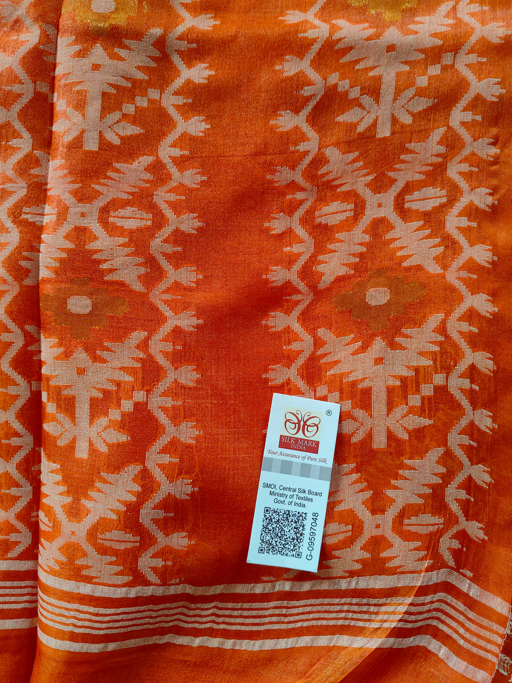 Pure Tussar Jamdani Silk Saree – Vermilion Orange
