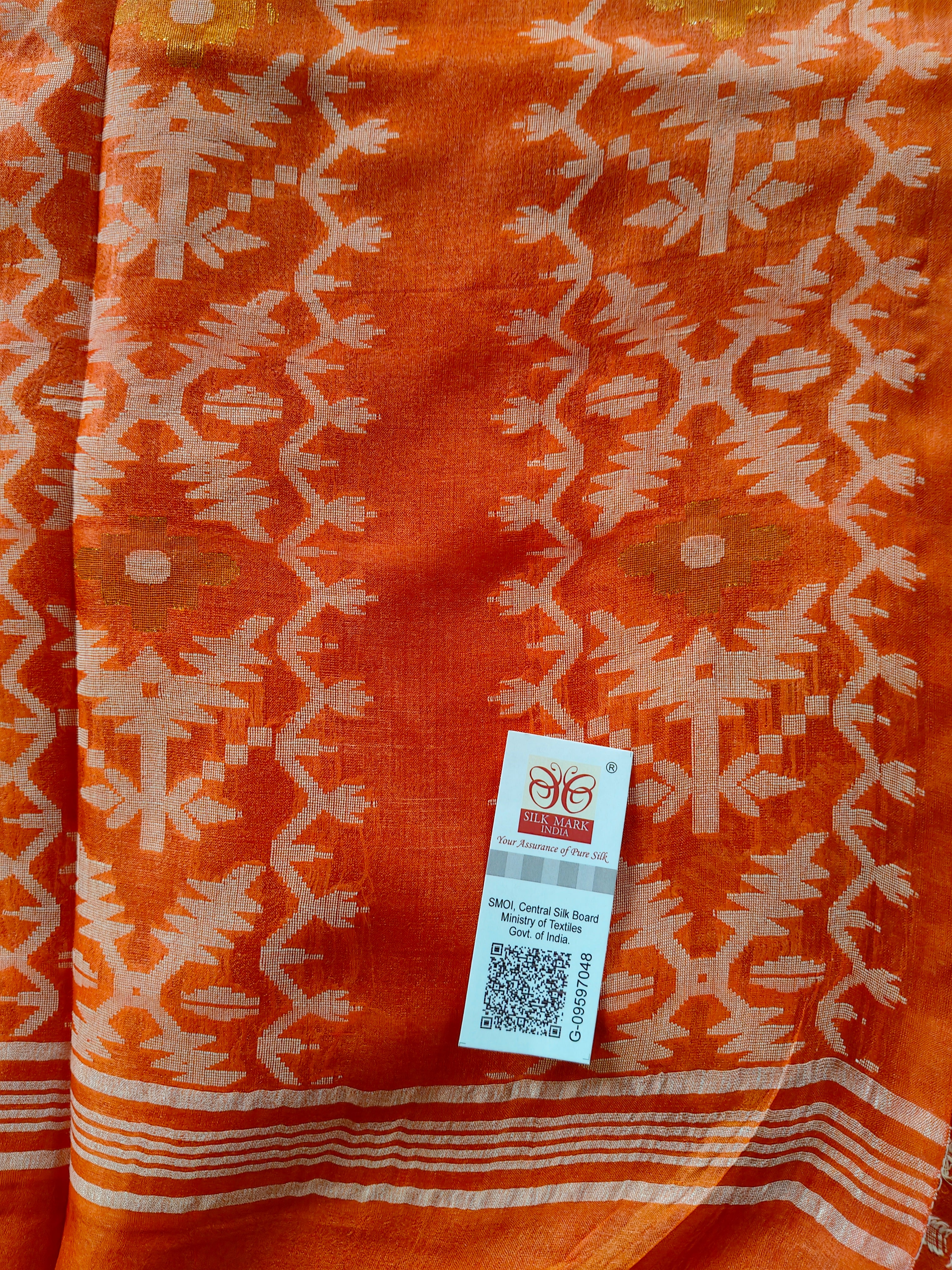 Pure Tussar Jamdani Silk Saree – Vermilion Orange