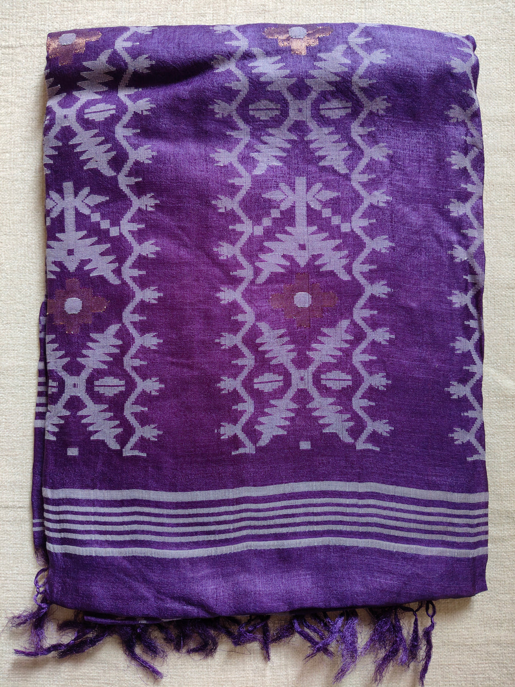 Pure Tussar Jamdani Silk Saree – Royal Purple Woven Designer Pallu