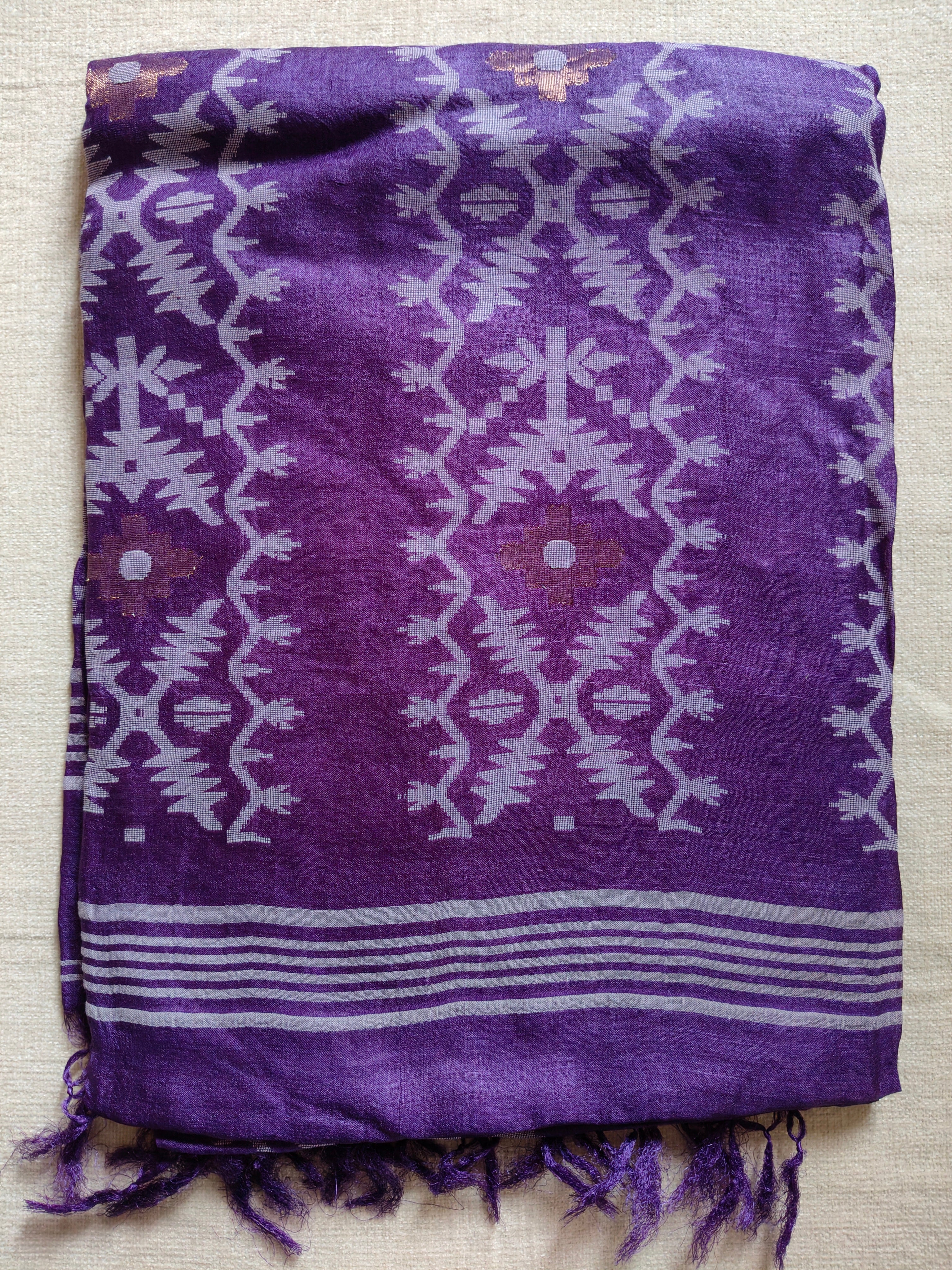 Pure Tussar Jamdani Silk Saree – Royal Purple Woven Designer Pallu