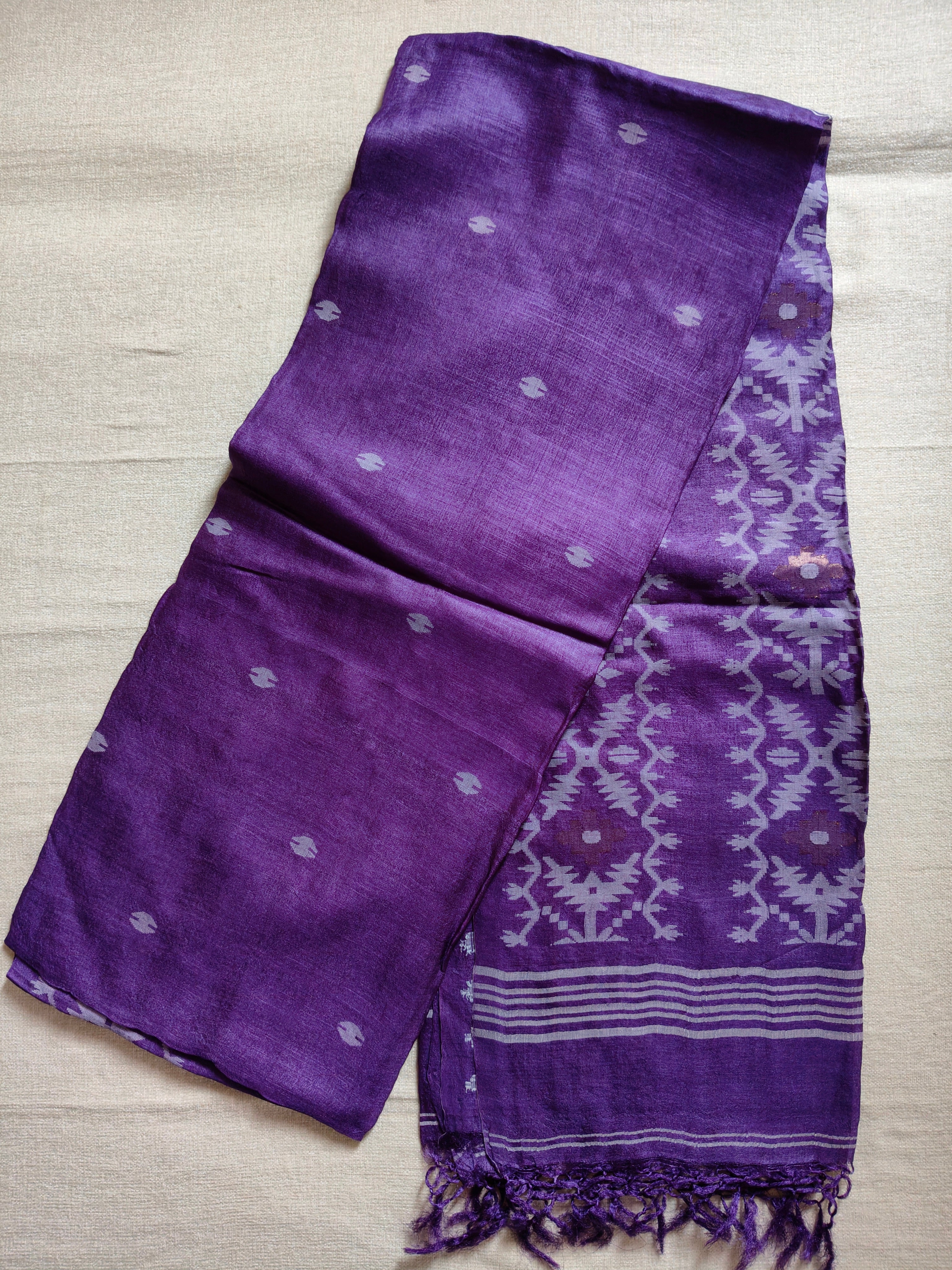 Pure Tussar Jamdani Silk Saree – Royal Purple Woven Designer Pallu
