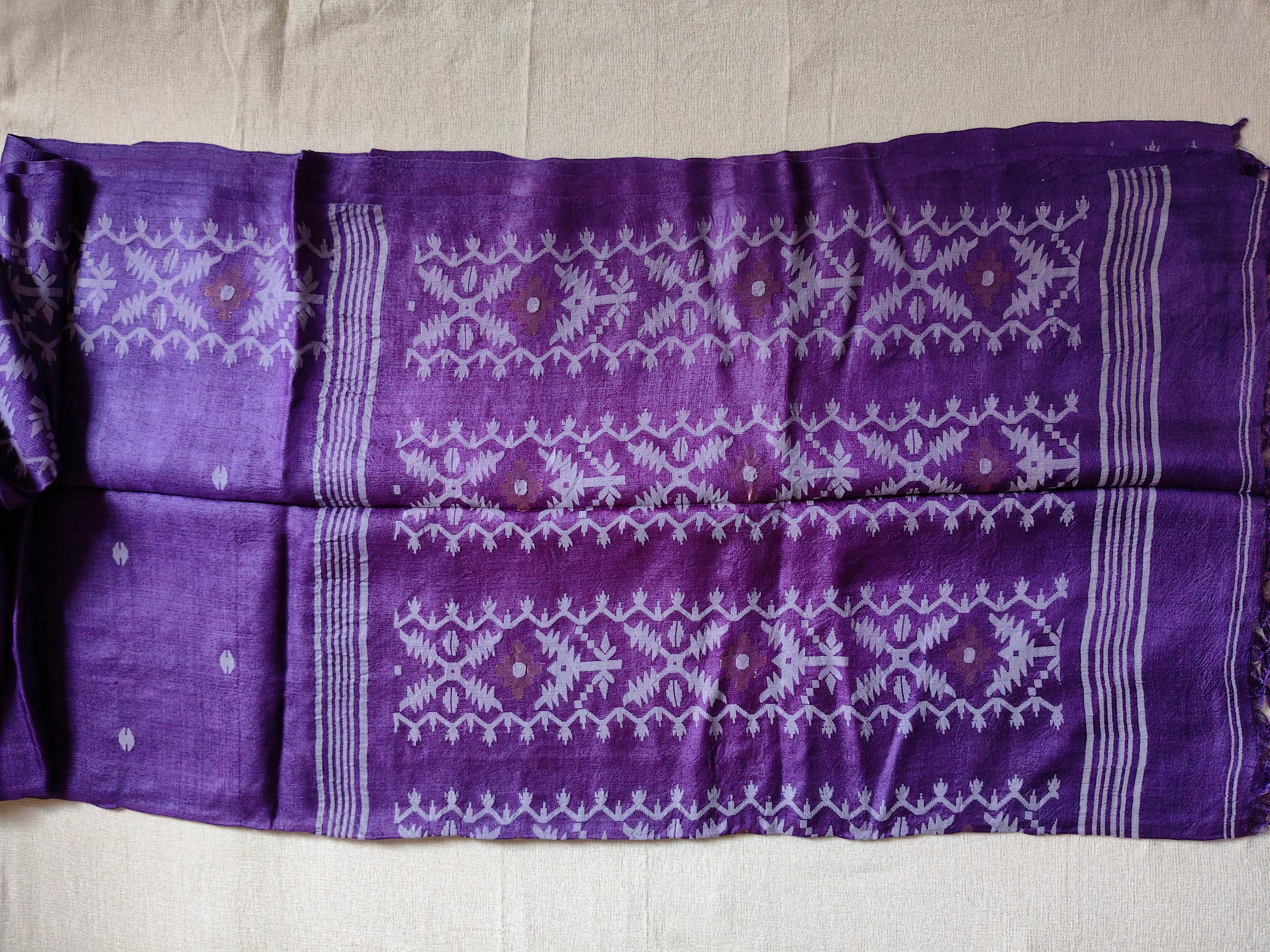 Pure Tussar Jamdani Silk Saree – Royal Purple Woven Designer Pallu