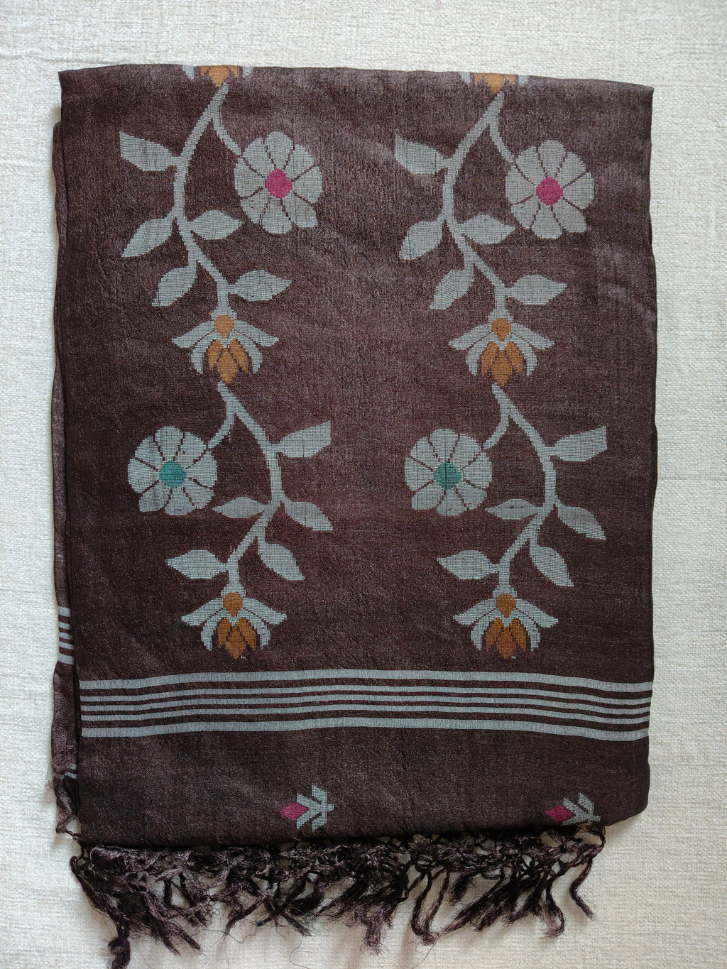 Pure Tussar Jamdani Silk Saree - Chocolate Brown