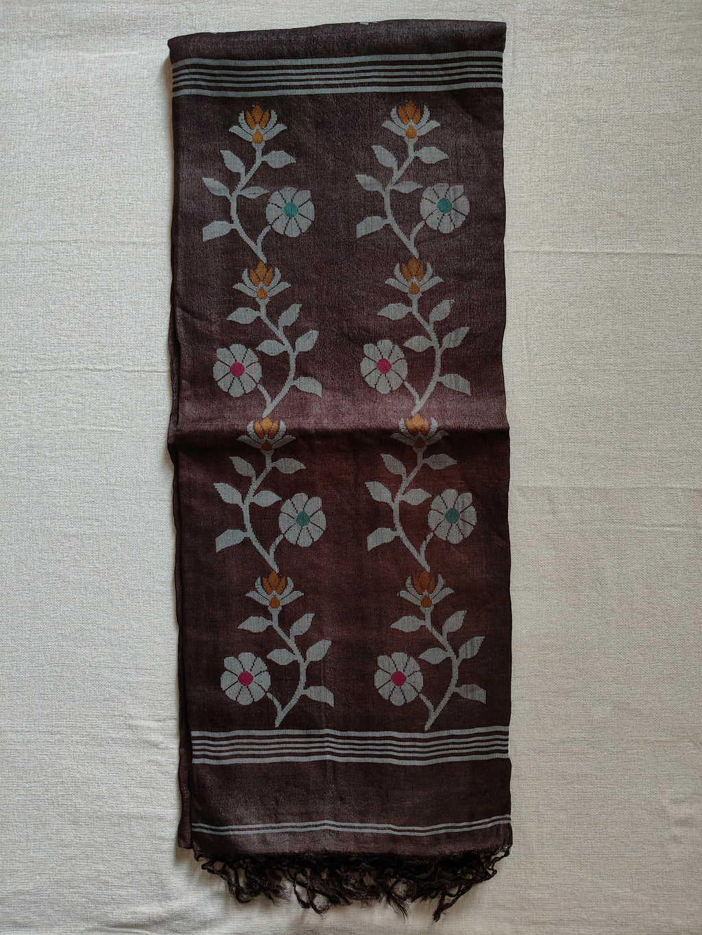 Pure Tussar Jamdani Silk Saree - Chocolate Brown