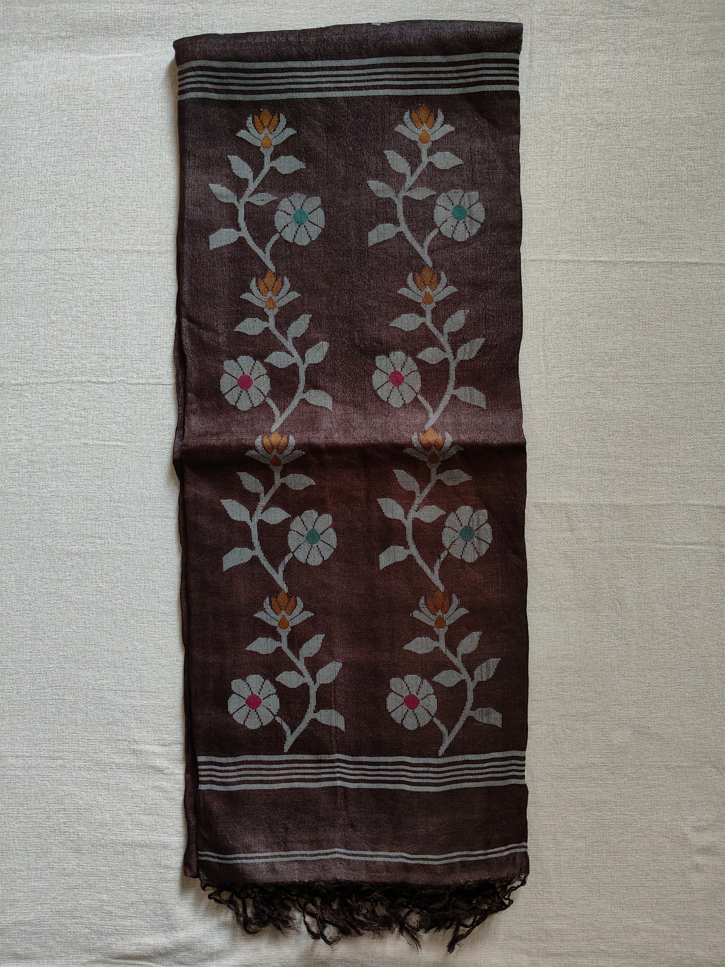 Pure Tussar Jamdani Silk Saree - Chocolate Brown