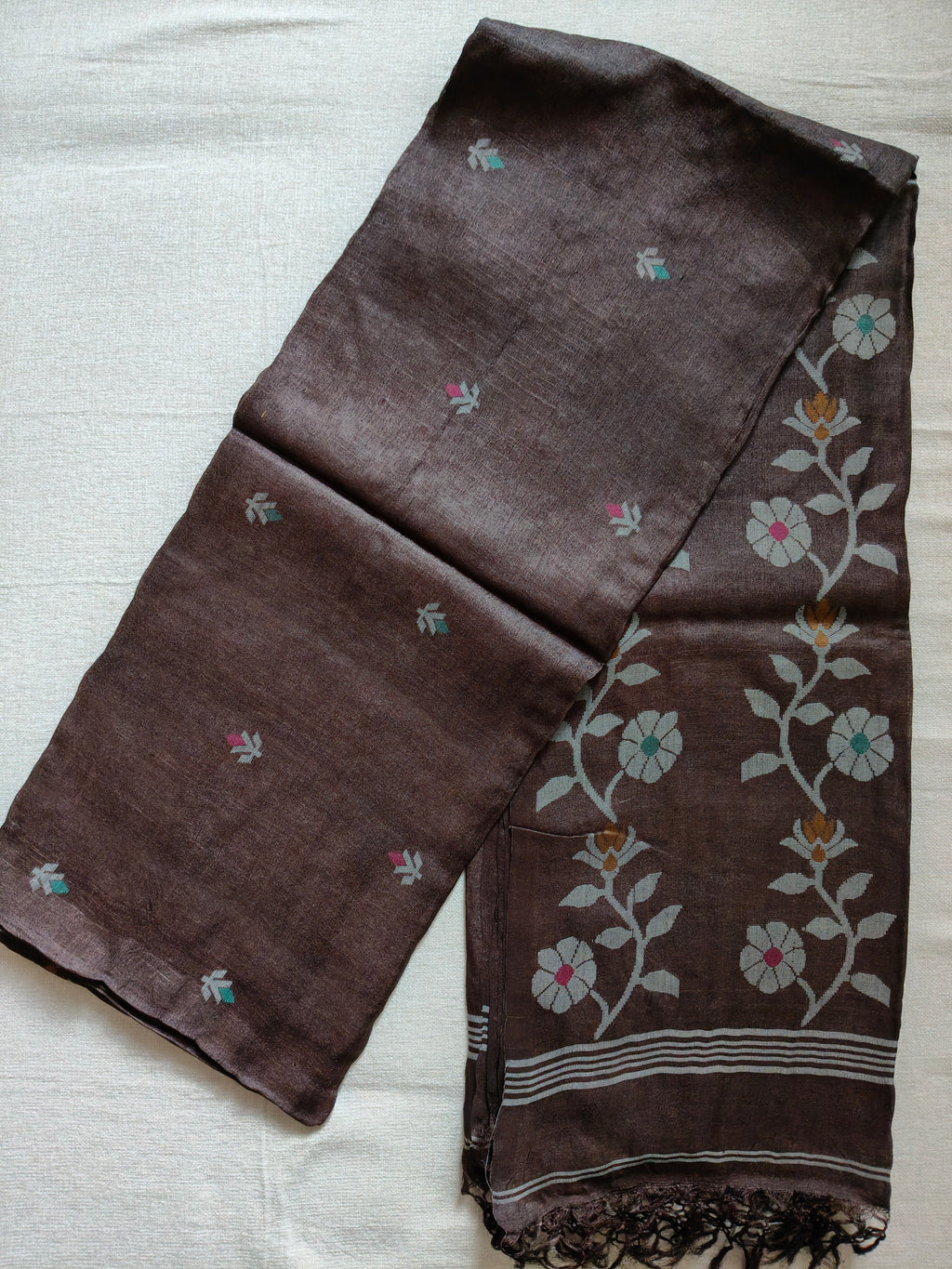 Pure Tussar Jamdani Silk Saree - Chocolate Brown