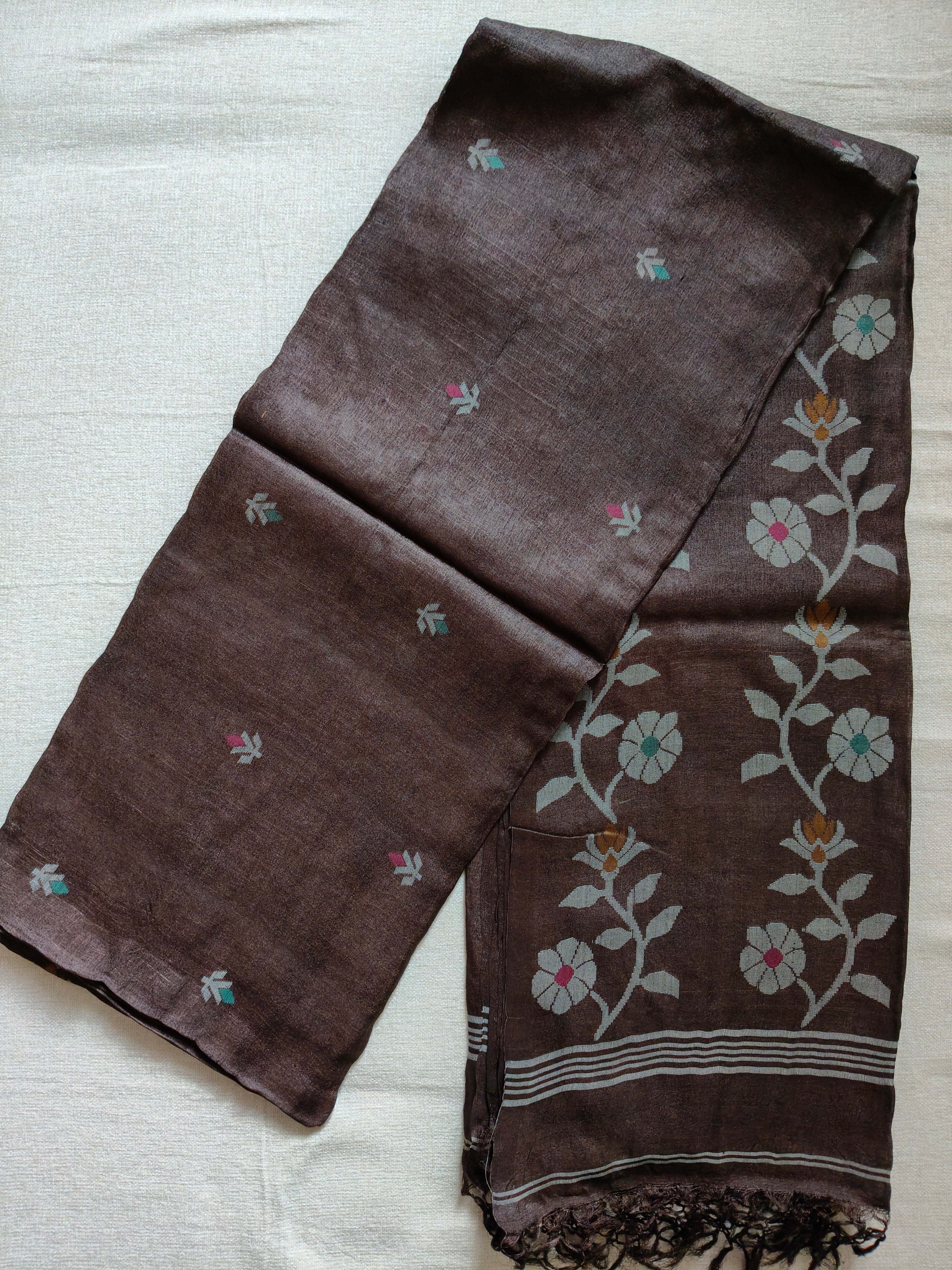 Pure Tussar Jamdani Silk Saree - Chocolate Brown