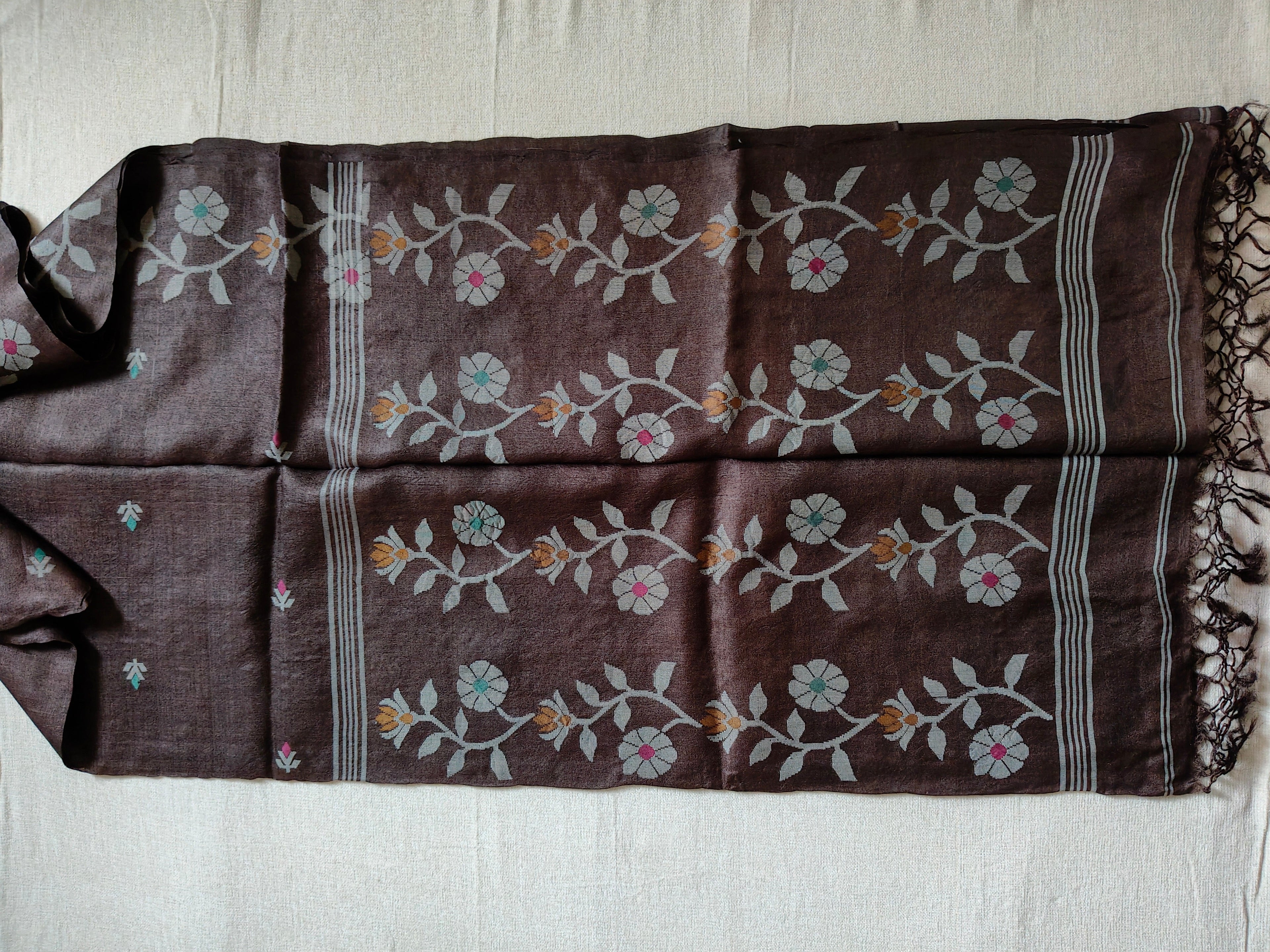 Pure Tussar Jamdani Silk Saree - Chocolate Brown