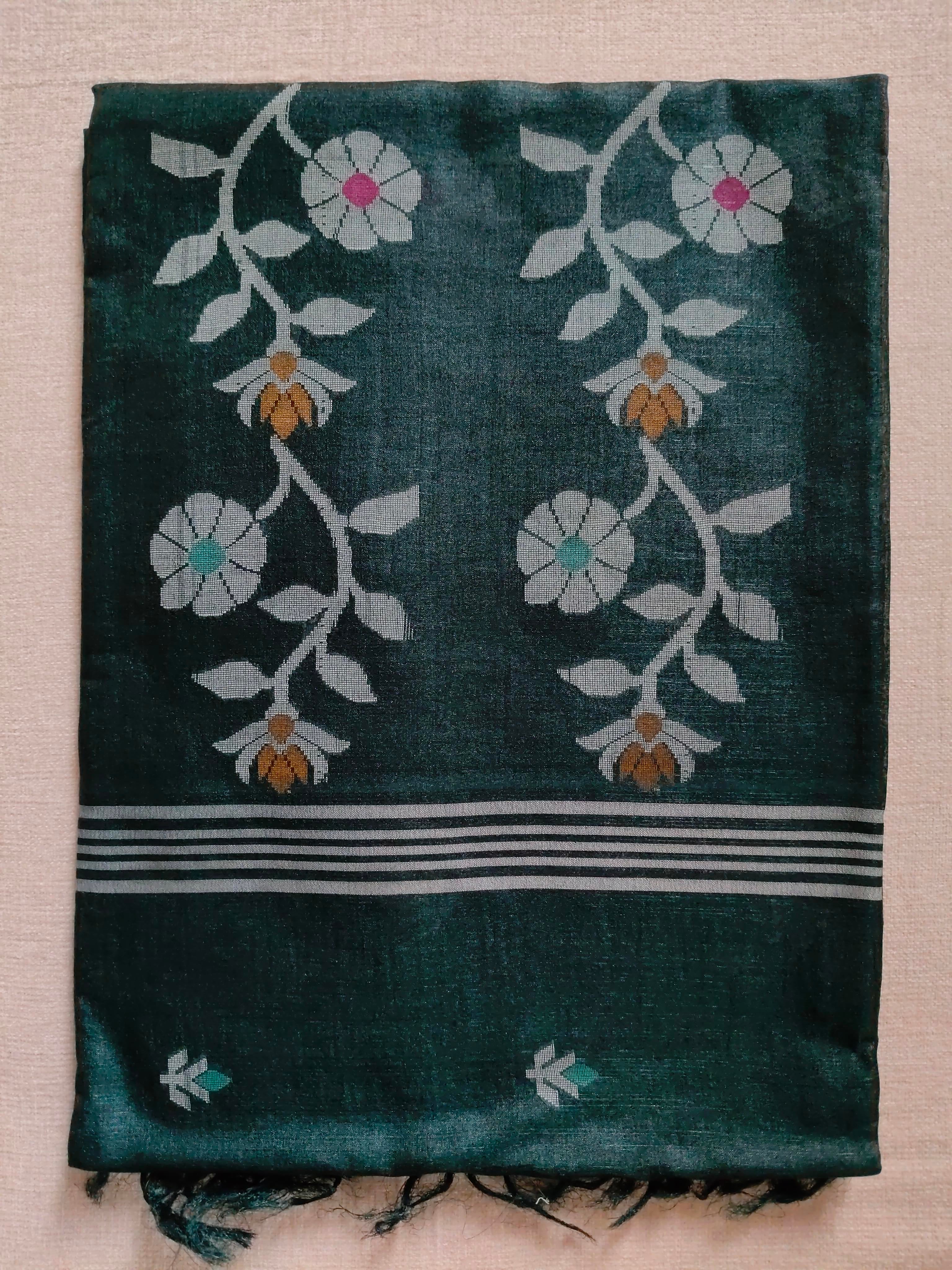Pure Tussar Jamdani Silk Saree – Forest Green