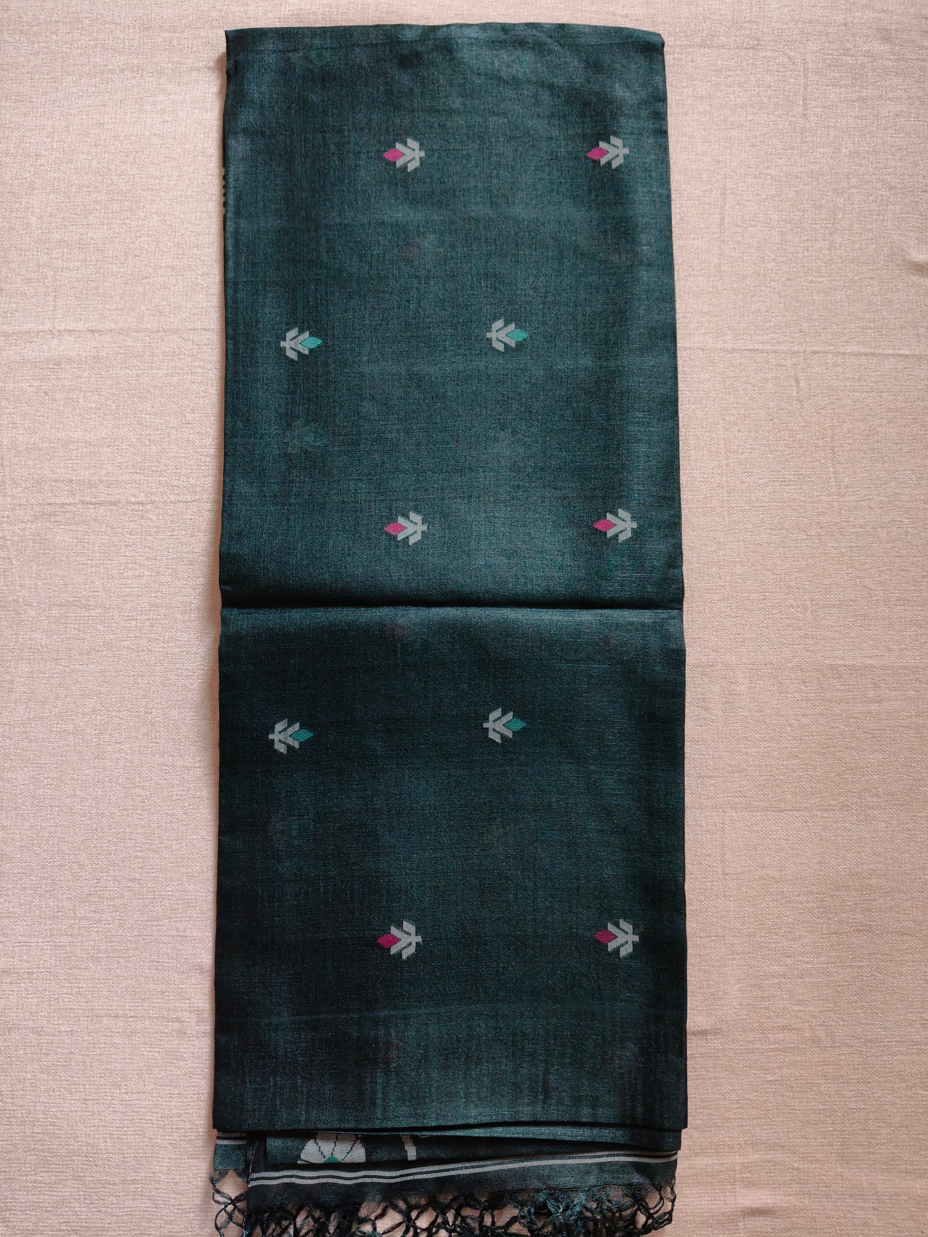 Pure Tussar Jamdani Silk Saree – Forest Green