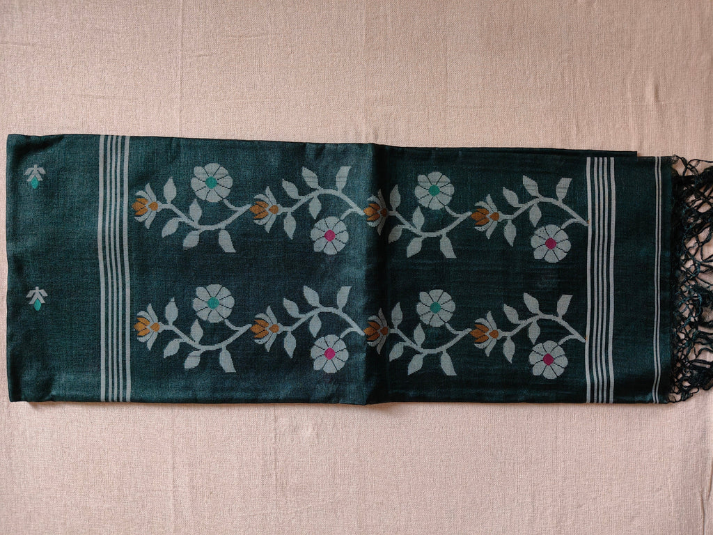 Pure Tussar Jamdani Silk Saree – Forest Green
