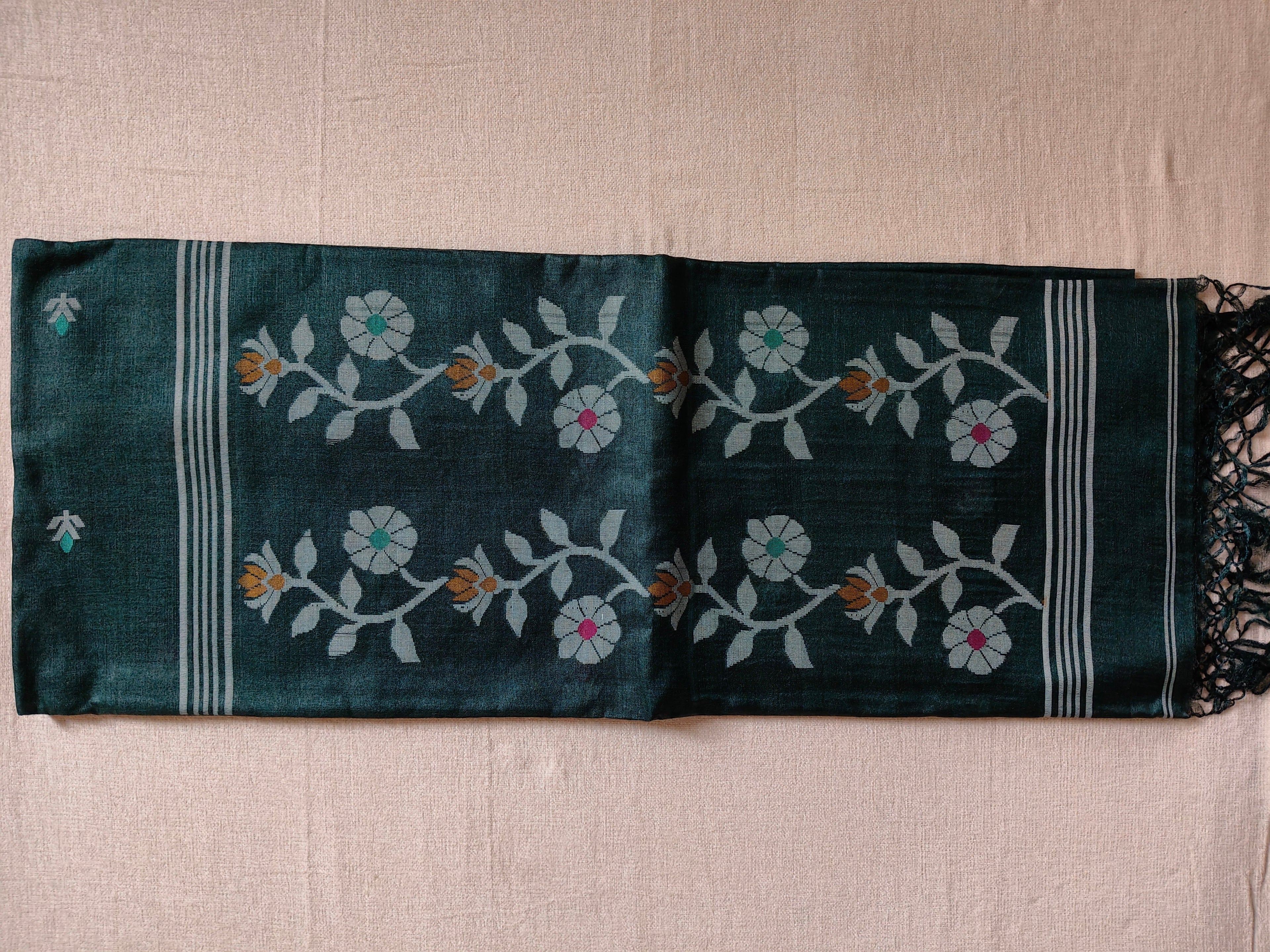 Pure Tussar Jamdani Silk Saree – Forest Green
