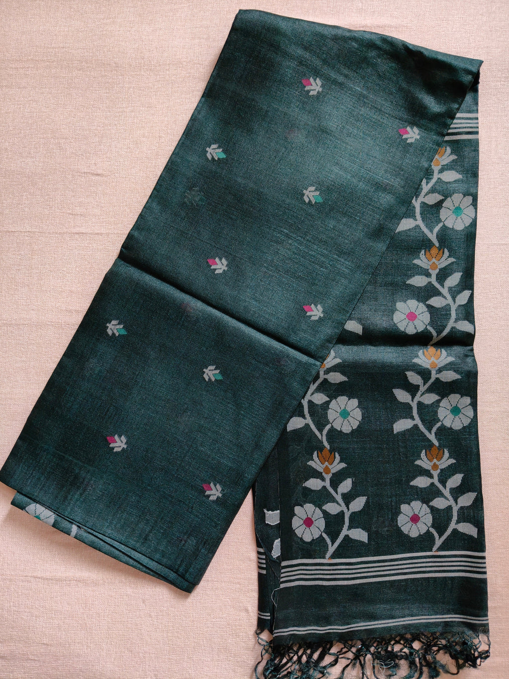 Pure Tussar Jamdani Silk Saree – Forest Green