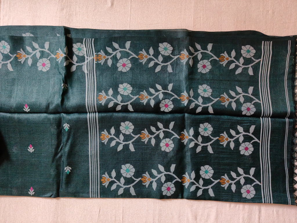 Pure Tussar Jamdani Silk Saree – Forest Green