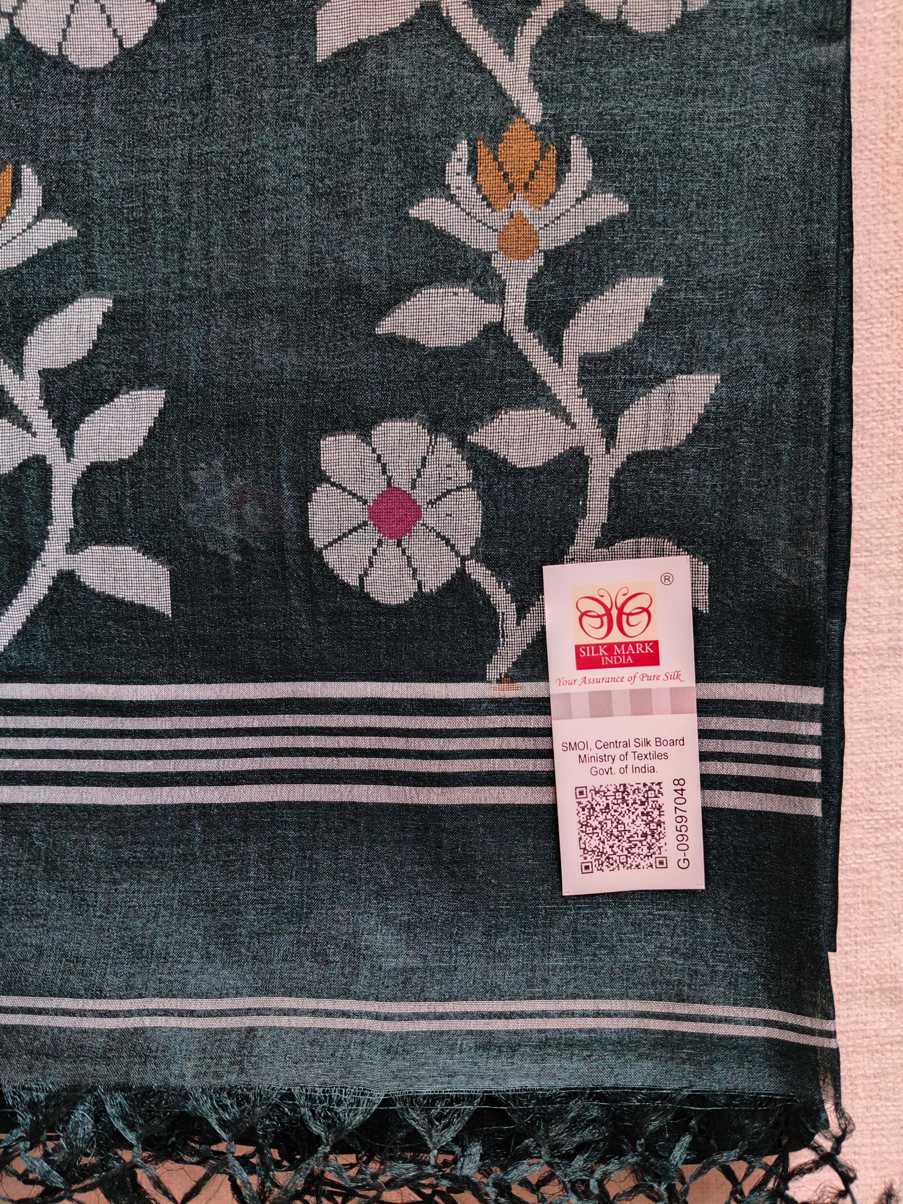 Pure Tussar Jamdani Silk Saree – Forest Green
