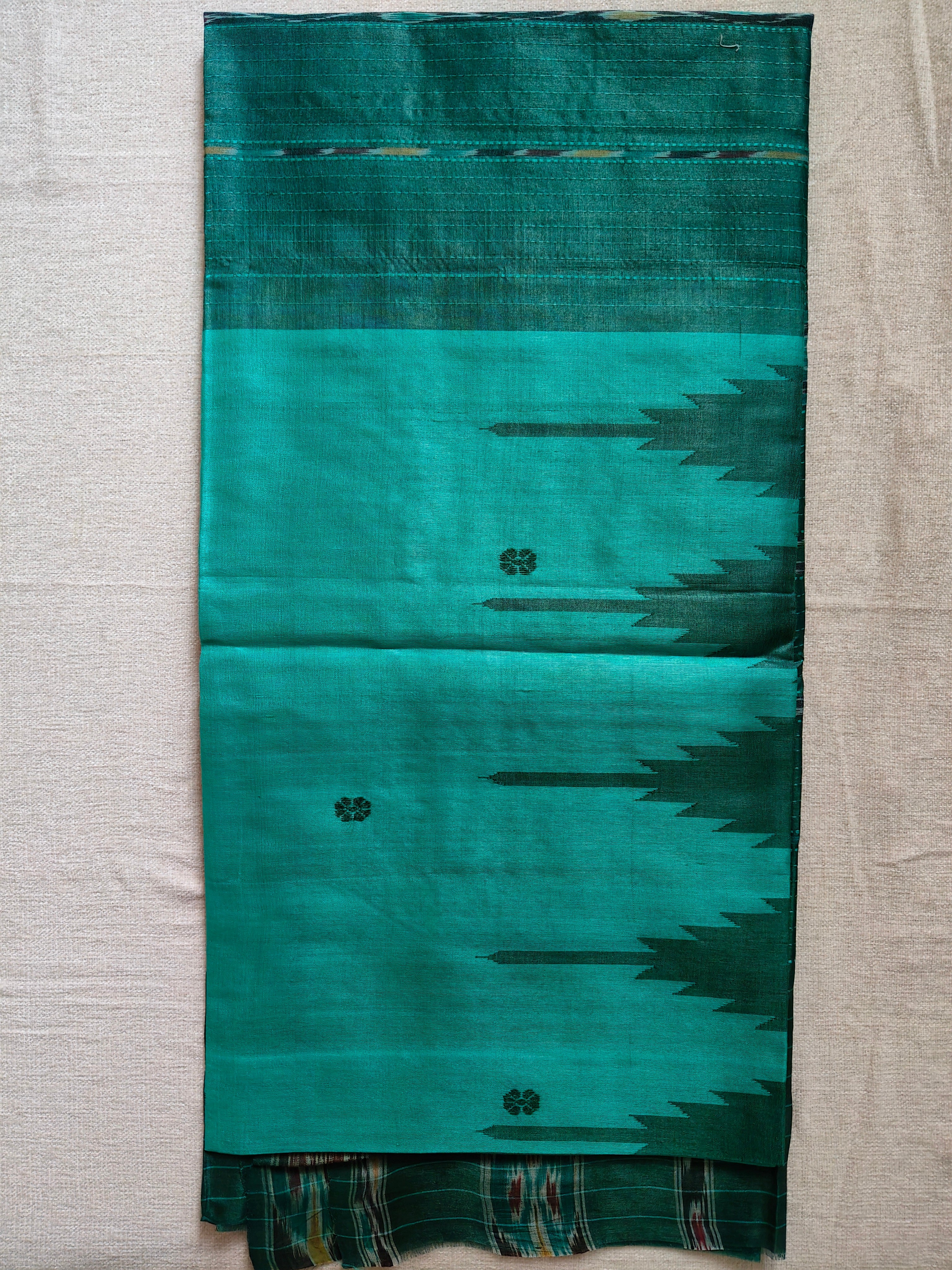 Tussar Silk Saree with Kotki Weave - Aqua Turquoise with Deep Green Contrast