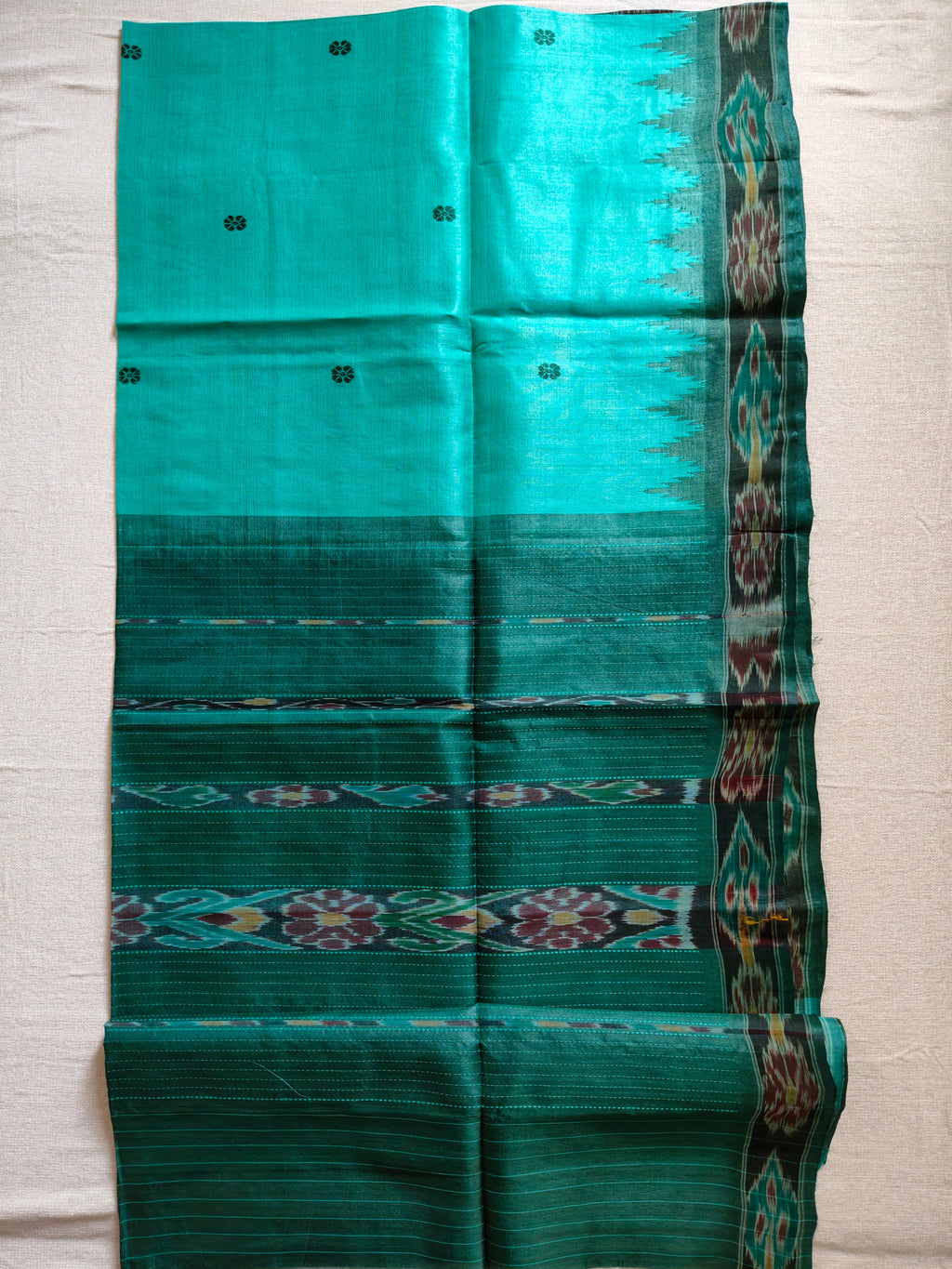 Tussar Silk Saree with Kotki Weave - Aqua Turquoise with Deep Green Contrast