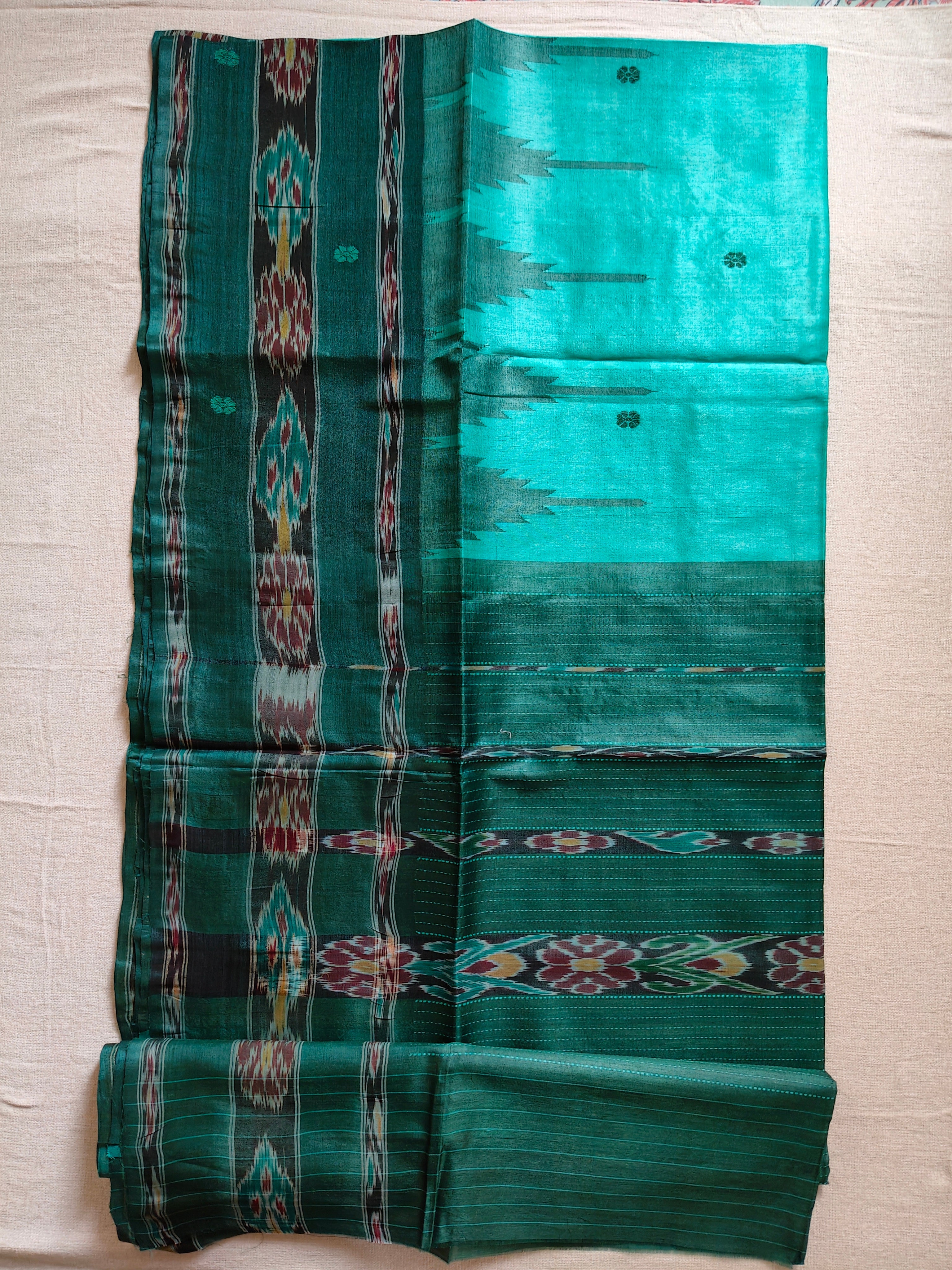 Tussar Silk Saree with Kotki Weave - Aqua Turquoise with Deep Green Contrast