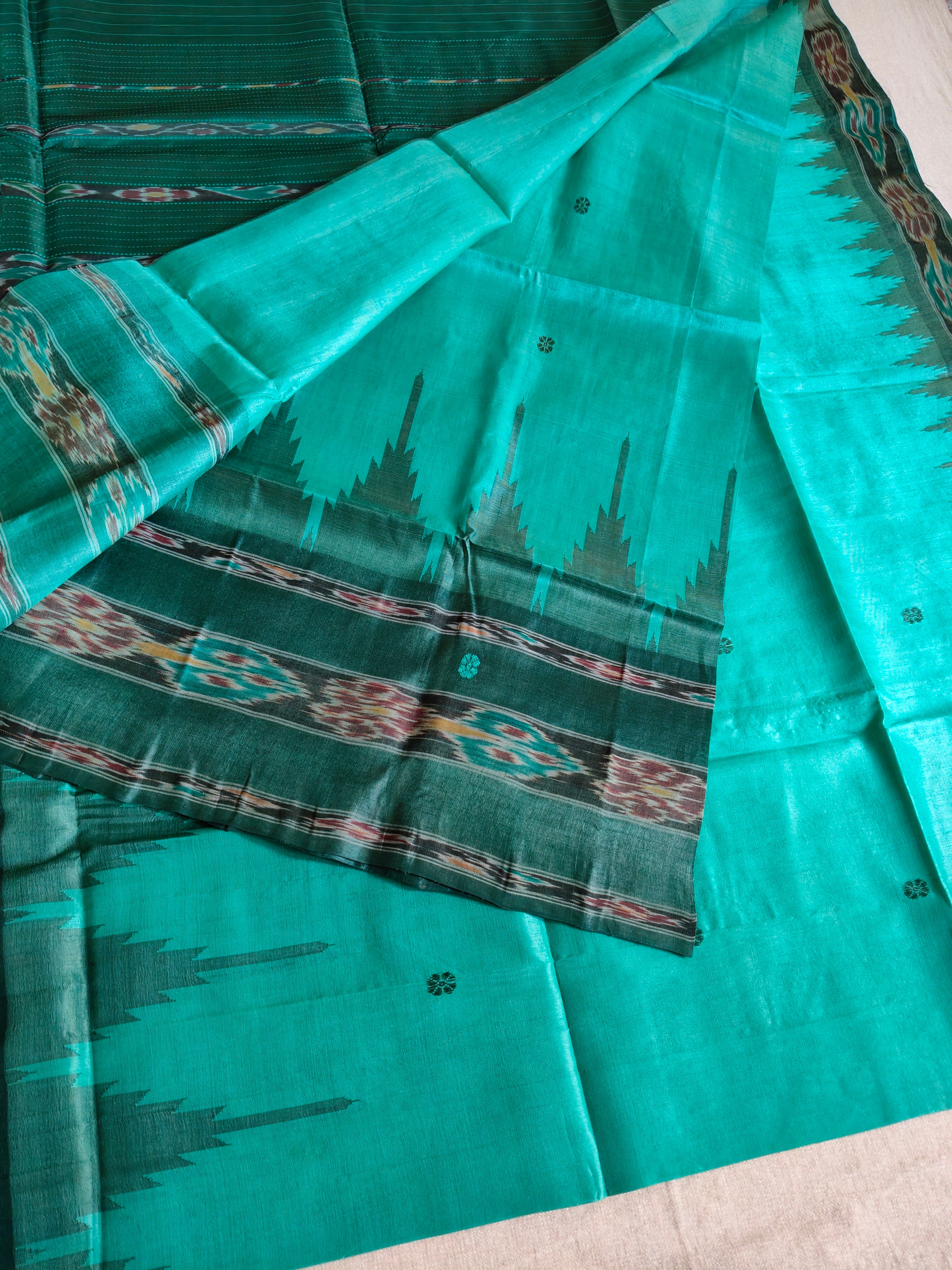 Tussar Silk Saree with Kotki Weave - Aqua Turquoise with Deep Green Contrast