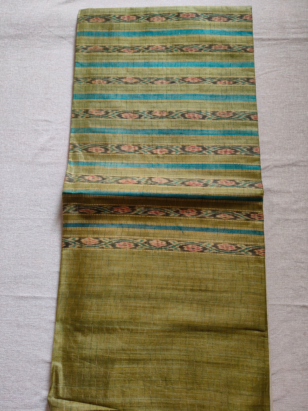 Tussar Silk Kotki Saree (Silk Mark Certified) - Natural Ivory with Olive Green