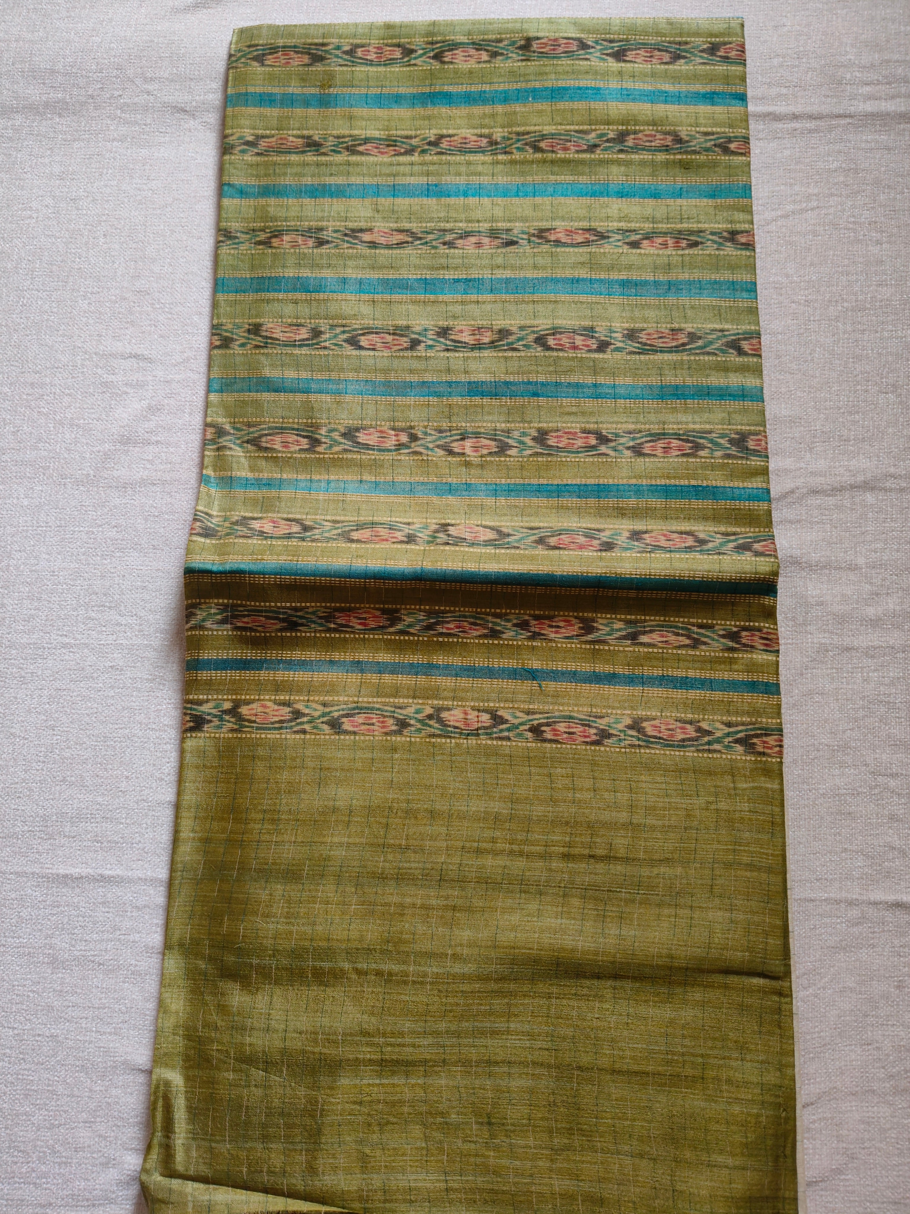 Tussar Silk Kotki Saree (Silk Mark Certified) - Natural Ivory with Olive Green