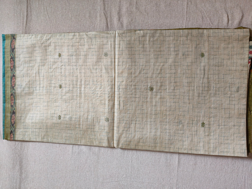 Tussar Silk Kotki Saree (Silk Mark Certified) - Natural Ivory with Olive Green