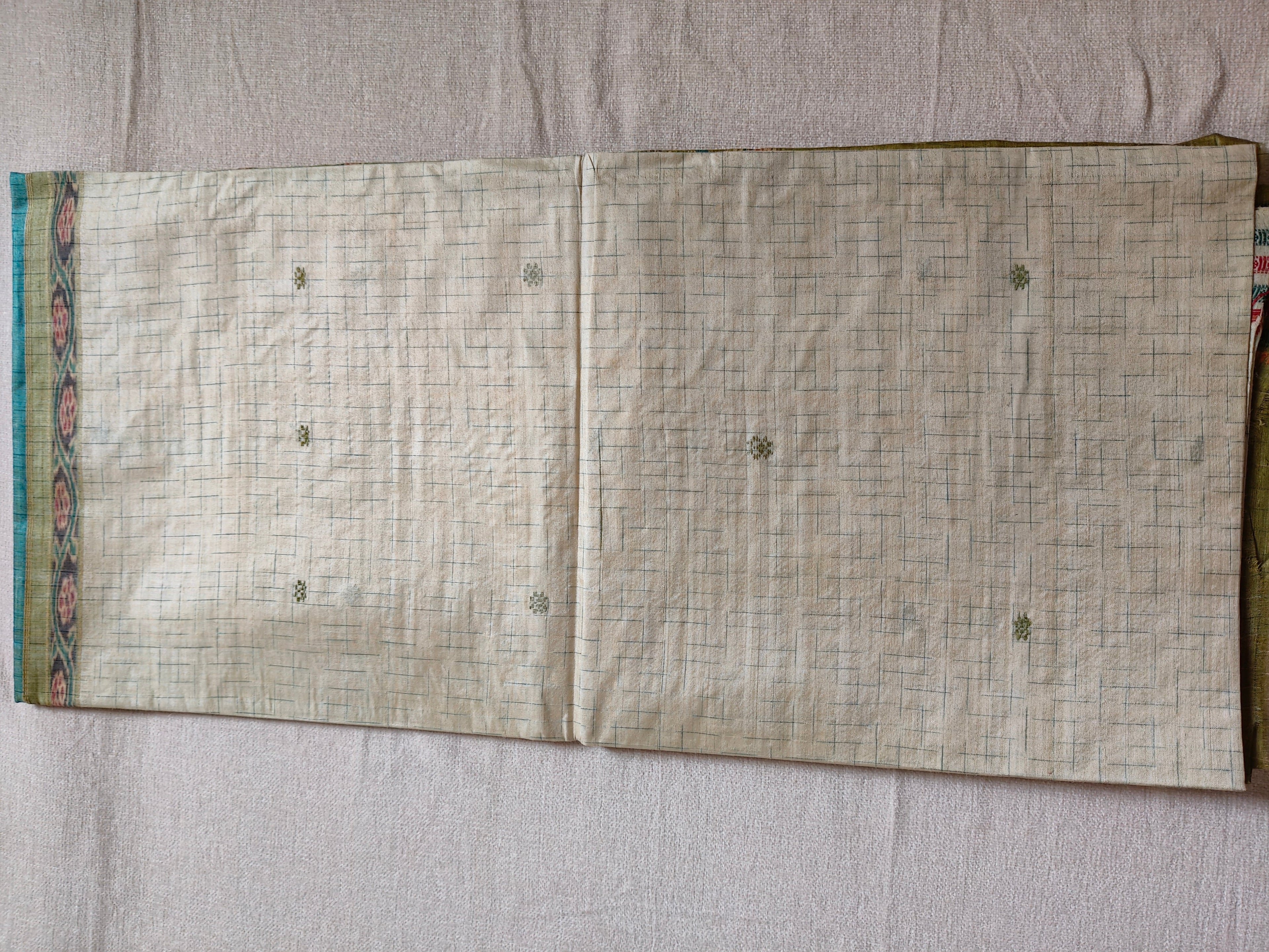 Tussar Silk Kotki Saree (Silk Mark Certified) - Natural Ivory with Olive Green